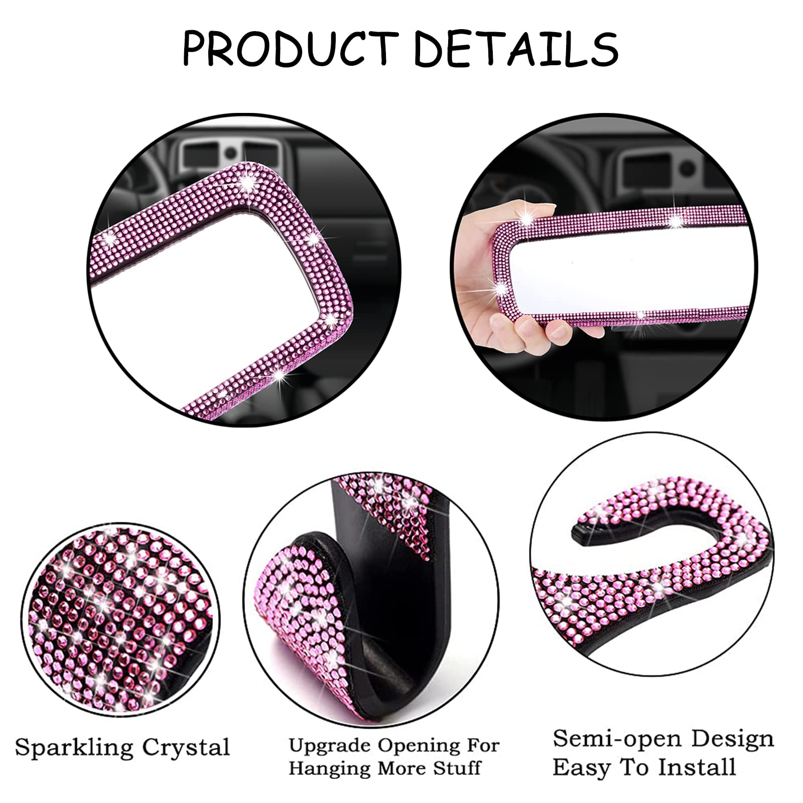 Pink Diamond Bling Rear View Mirror Cover & 2PCS Car Seat Hooks - Universal Car Accessories for Women & Girls | Perfect for Car Interior Decoration & Gift Giving