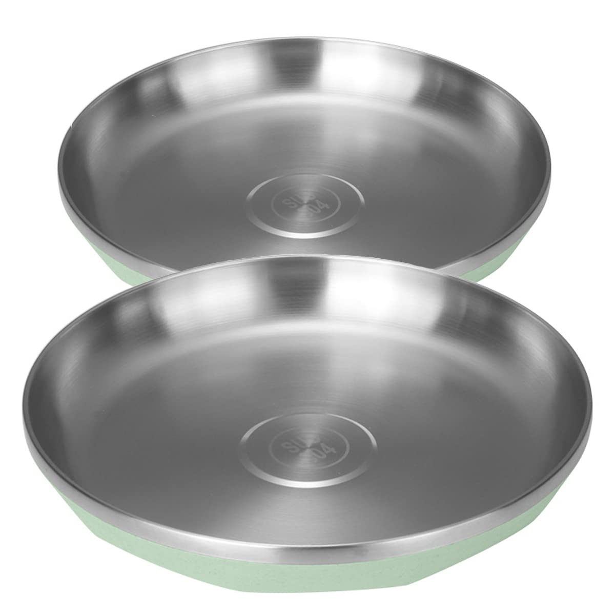 2-Pack 8 Inch 18/8 Stainless Steel Dinner Plates - 304 Food Grade Metal Camping Dishes, Reusable & Dishwasher Safe - Perfect for Outdoor Picnics, BBQ Parties & Everyday Dining (Green)