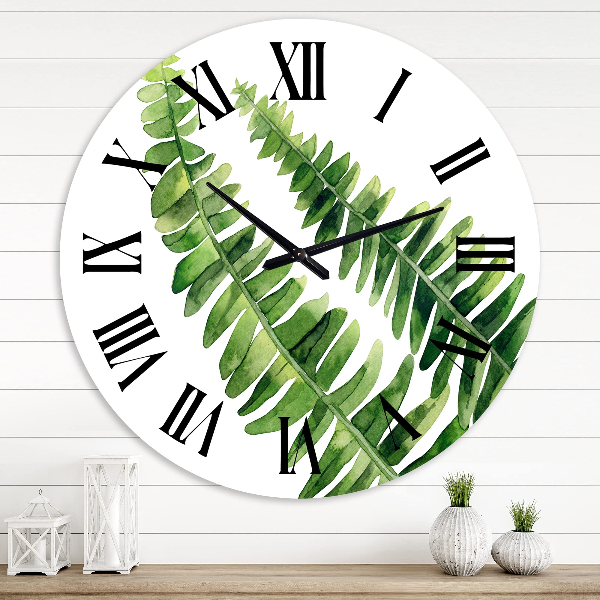Farmhouse Wall Clock with Fern Leaves Design - Large Floral & Botanical Wall Decor for Living Room, Bedroom, Kitchen - Perfect Rustic Home Decor Gift