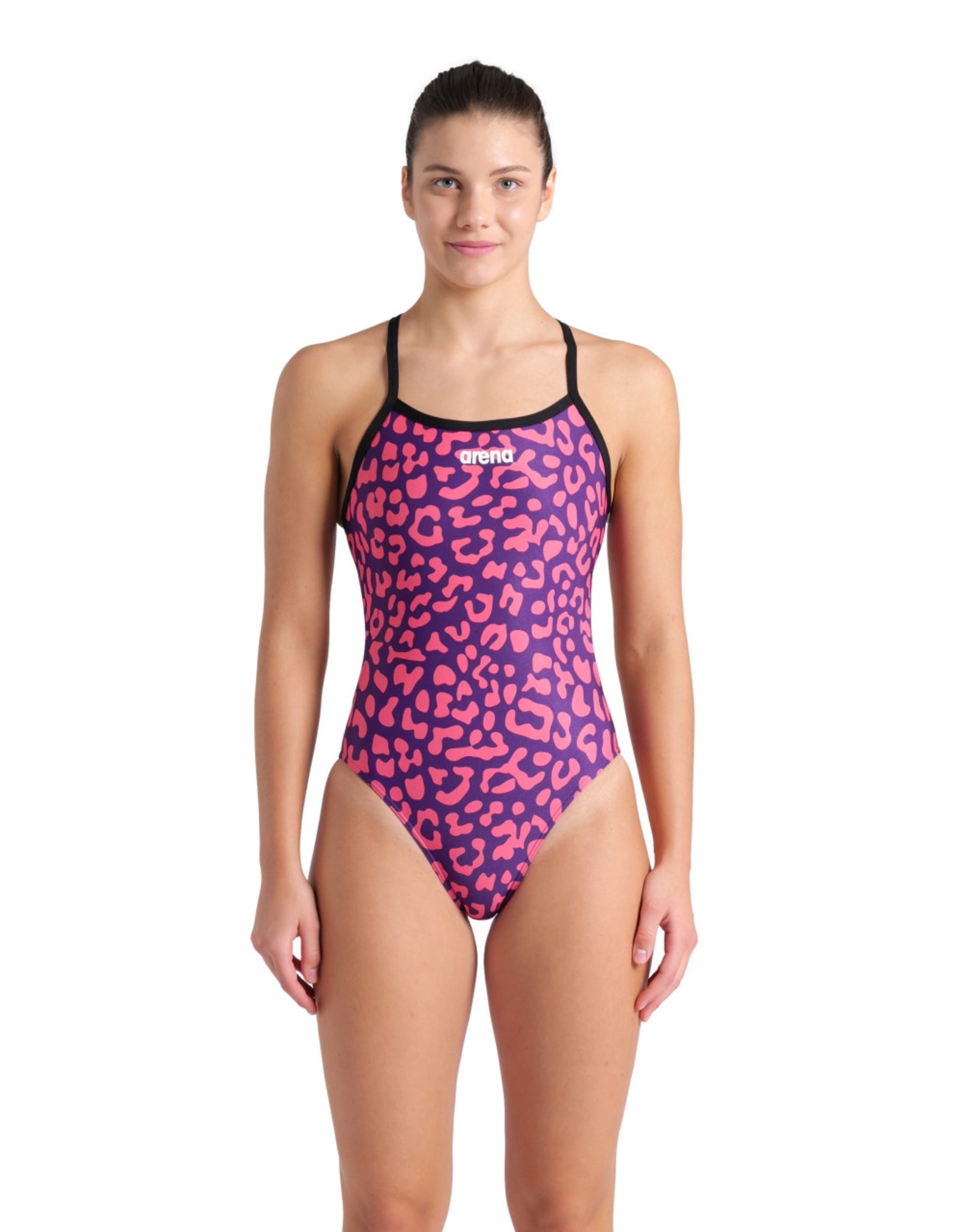 Leopard Print Challenge Back Swimsuit for Women - Fuchsia Multi/Black - Sexy One Piece Bathing Suit for Pool, Beach & Summer Vacations