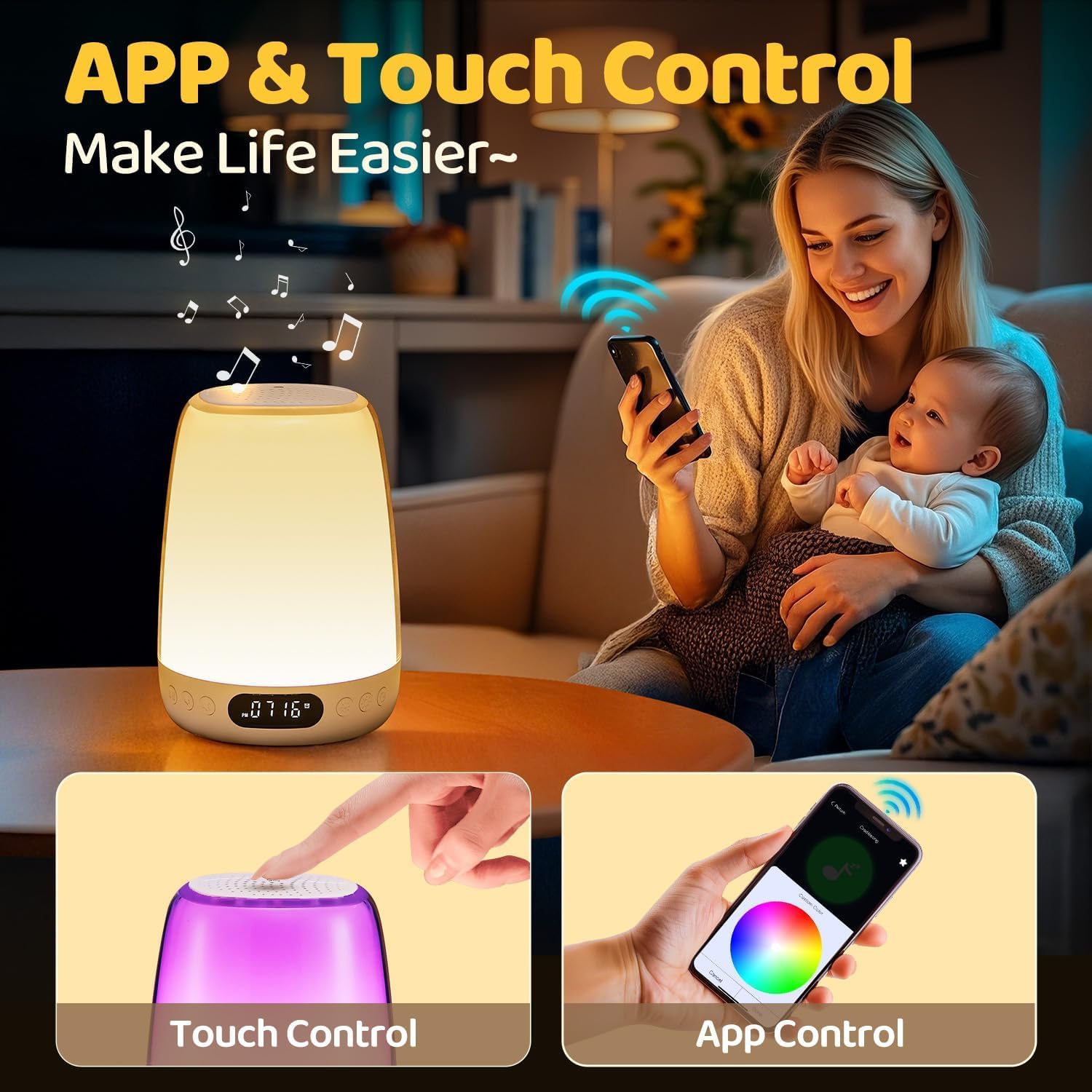 One Fire Baby Night Light for Kids - 48 RGB Colors, Dimmable & Rechargeable Touch Lamp, Portable Smart Bedroom Light with APP Control, Timer & Sunrise Alarm Clock | Nursery, Kids Room, Bedside, Travel Night Light