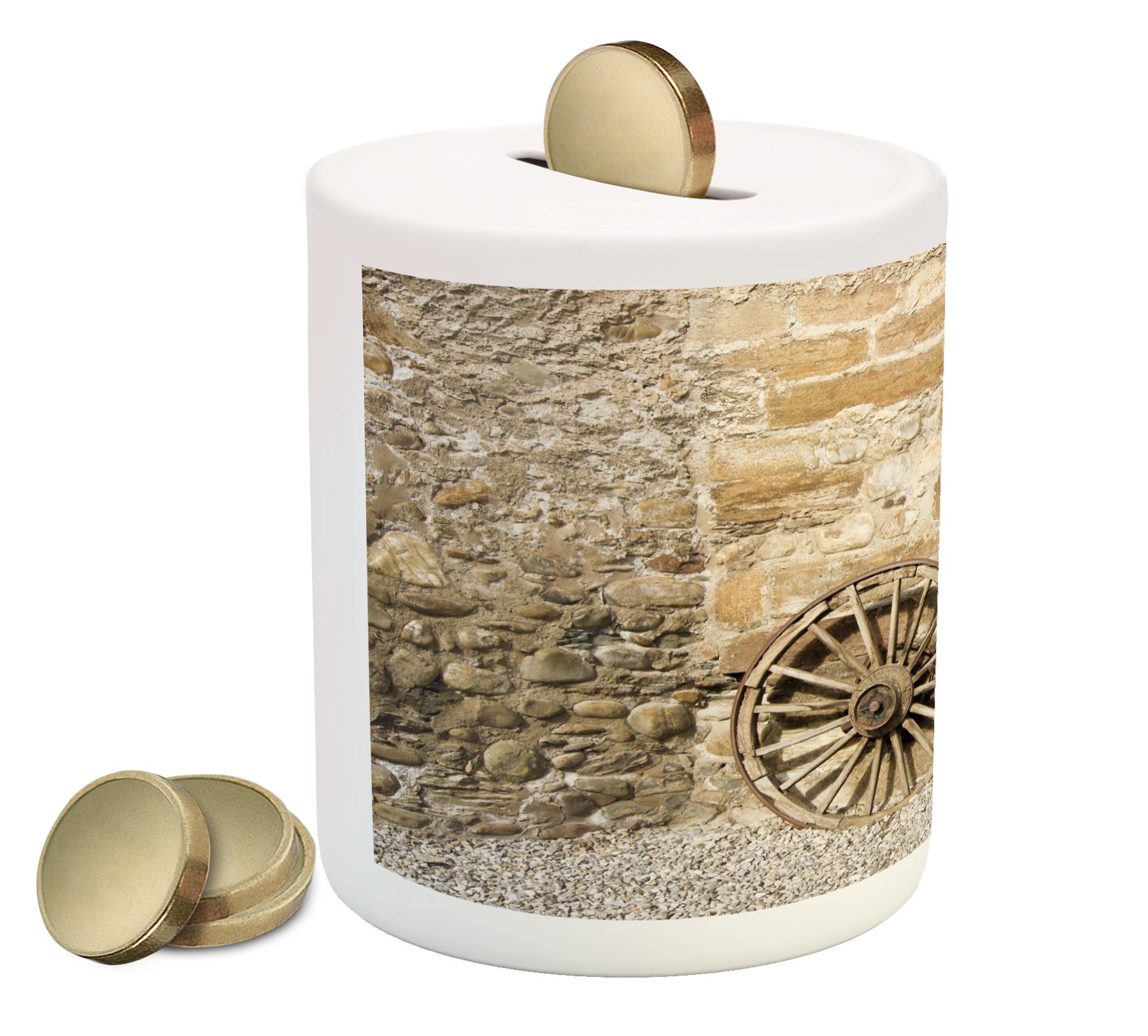 Ambesonne Ceramic Piggy Bank with Barn Wood & Wagon Wheel Design - Traditional Country Style Money Box for Cash Savings - Perfect for Home Decor, Farmhouse Theme, and Gift Giving (Brown & Pale Brown)