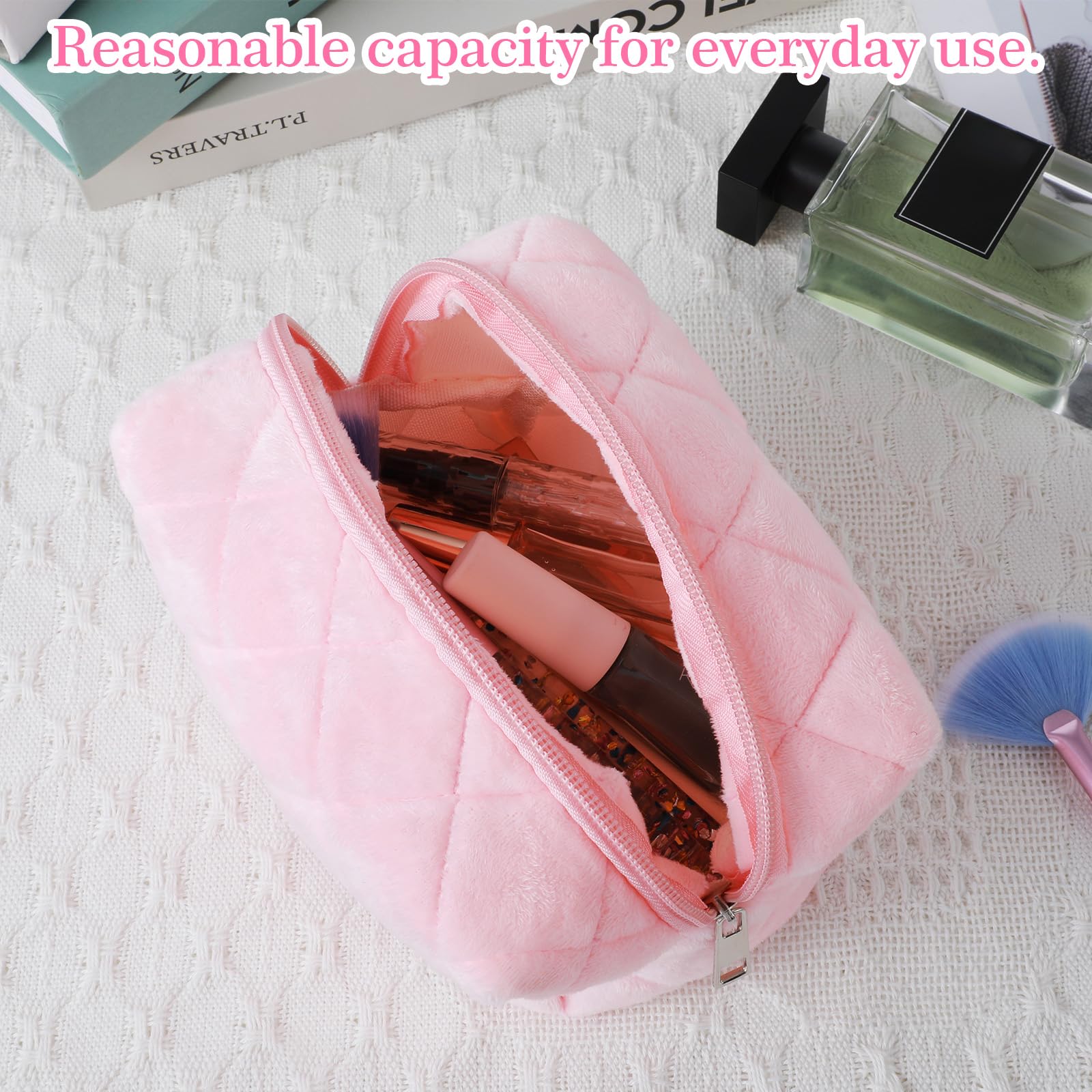 Pink Y2K Checkered Cosmetic Travel Bag for Women - Small Fluffy Makeup Pouch, Cute Trendy Skincare & Toiletry Organizer | Perfect for Travel, Gym, and Daily Makeup Storage