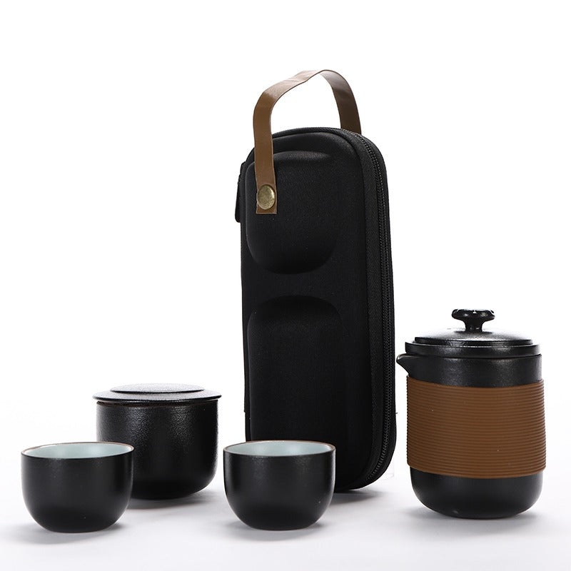 Premium Black Ceramic Travel Tea Set with Insulated Handbag - Portable Tea Accessories for Camping, Office & Outdoor Adventures