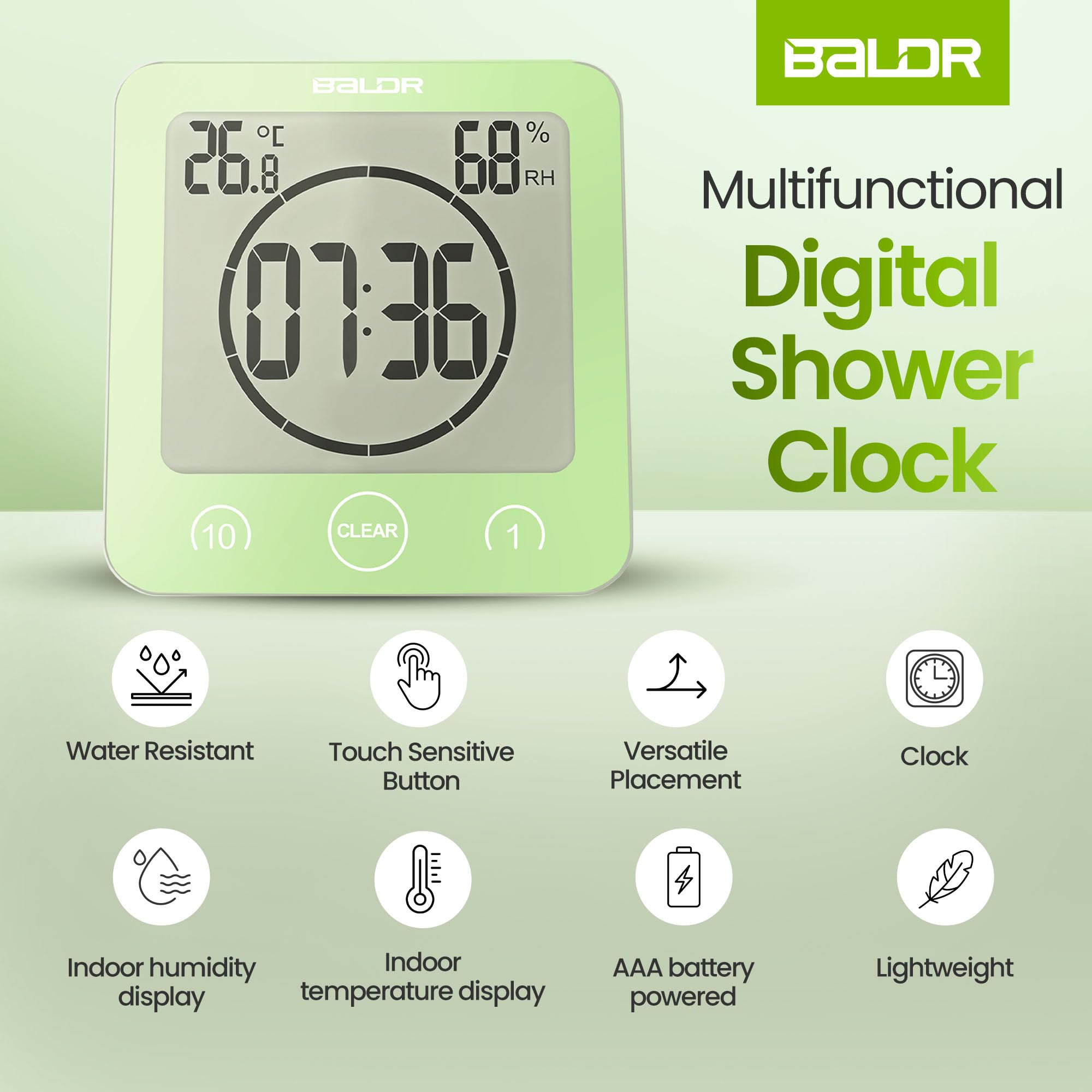 BALDR Digital Shower Clock with Timer - Green Waterproof Bathroom Clock with Temperature & Humidity Display, Countdown Timer, Alarm Clock (Battery Powered) - Perfect for Shower, Bathroom, Gym & Spa Use