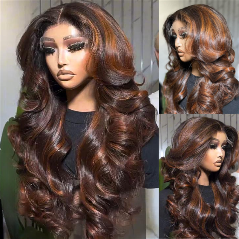 Eullair Highlight Brown Loose Wave Human Hair Wig with Curtain Bangs - 6x4 Glueless & 13x4 Lace Frontal Undetectable Transparent Lace Wig for Women | Natural Look for Daily Wear, Parties & Cosplay