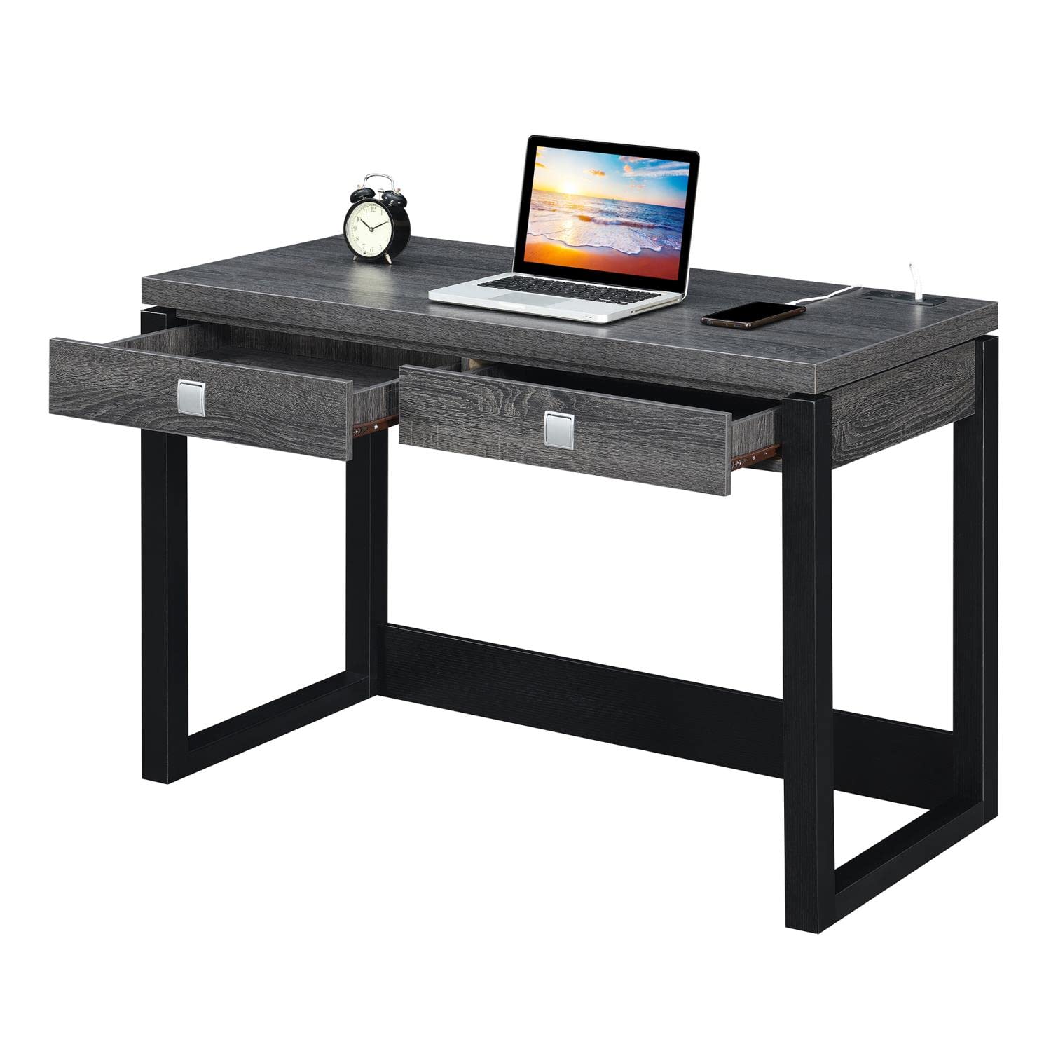 Convenience Concepts Newport 2-Drawer Office Desk with USB Charging Station - Weathered Gray/Black Finish - Perfect for Home Office, Study Room & Small Workspace Organization