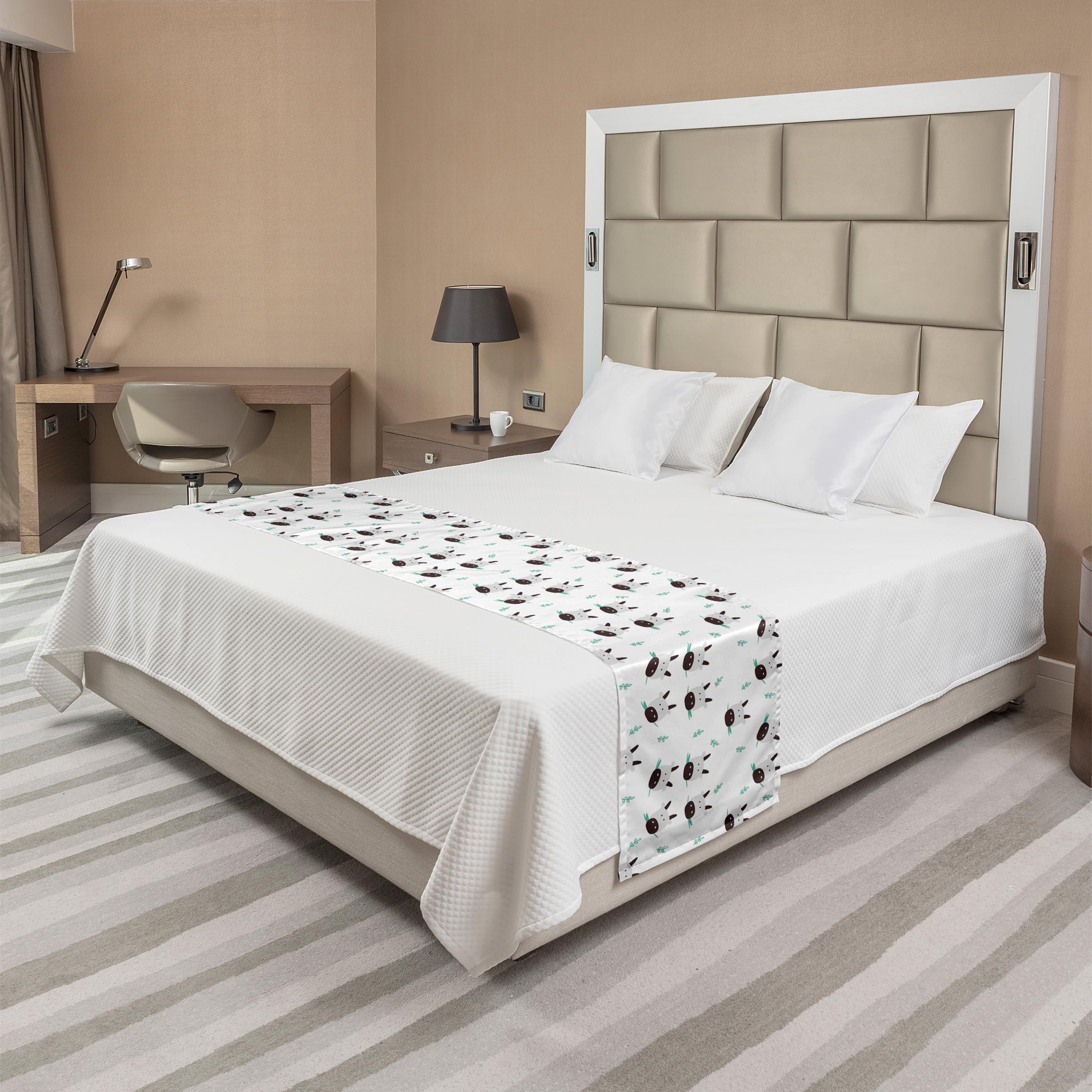 Ambesonne Cow Print Bed Runner - Cartoon Cattle Heads with Leaf Motifs, Decorative Bed Scarf for Home, Hotel & Guest Room Decor - Turquoise & Pale Grey - Perfect for Farmhouse, Rustic & Western Theme Bedrooms
