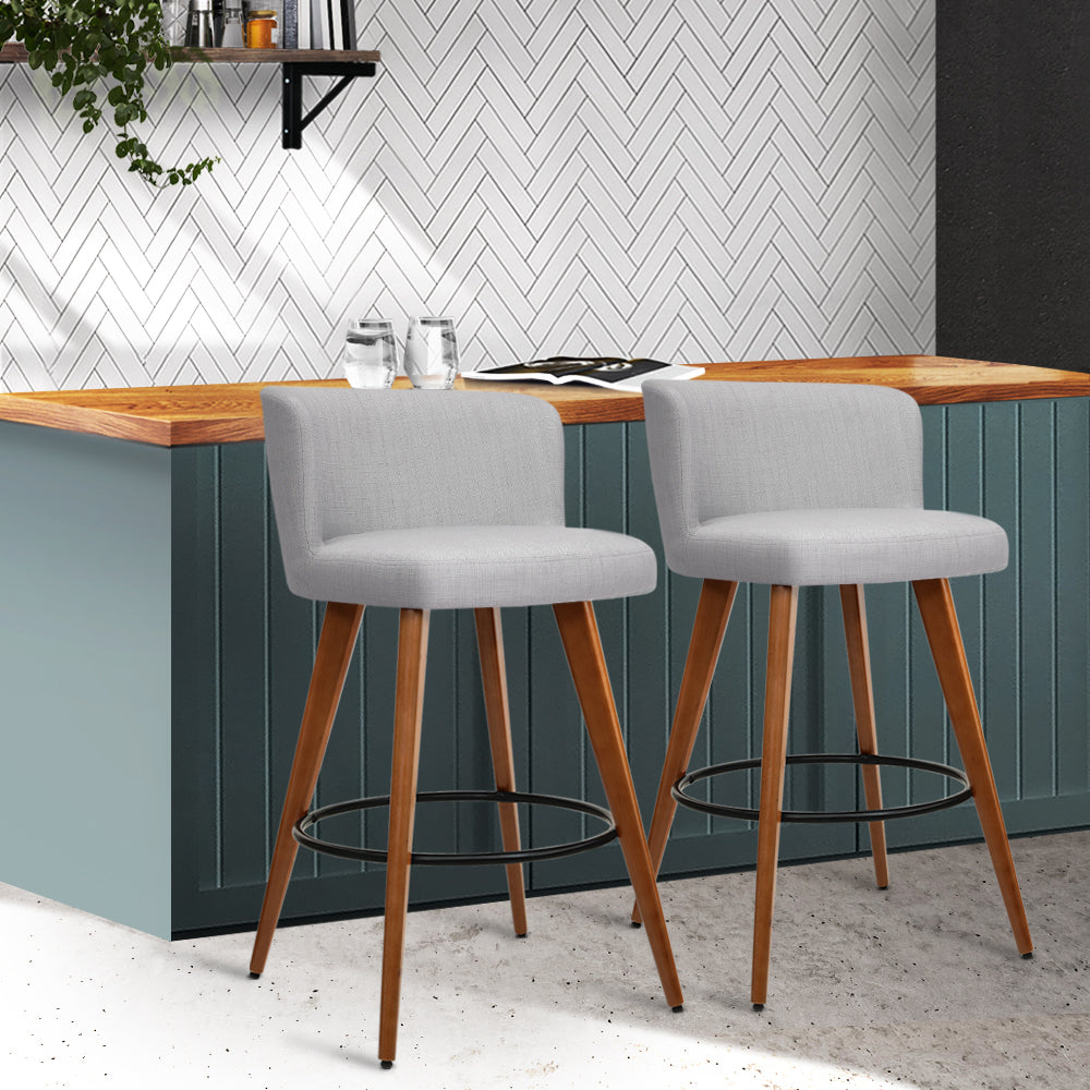 2-Pack Grey Linen Padded Wooden Bar Stools for Kitchen Island, Breakfast Nook & Home Bar Decor