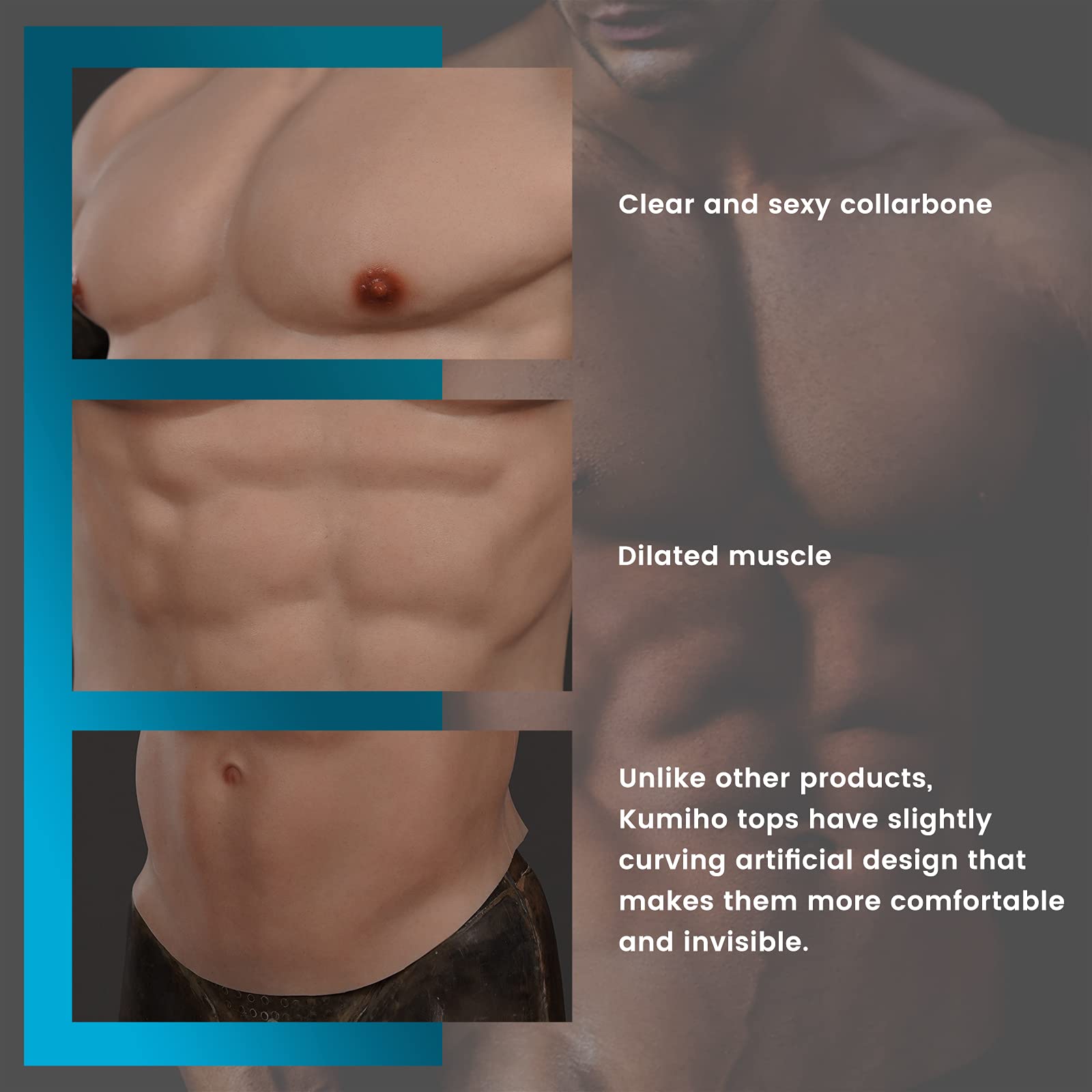 KUMIHO Premium Silicone Muscle Suit - Realistic Male Chest Plate with High Collar & Fake Abs - Perfect for Cosplay, Halloween Costumes, Transgender Body Shaping & Theater Performances