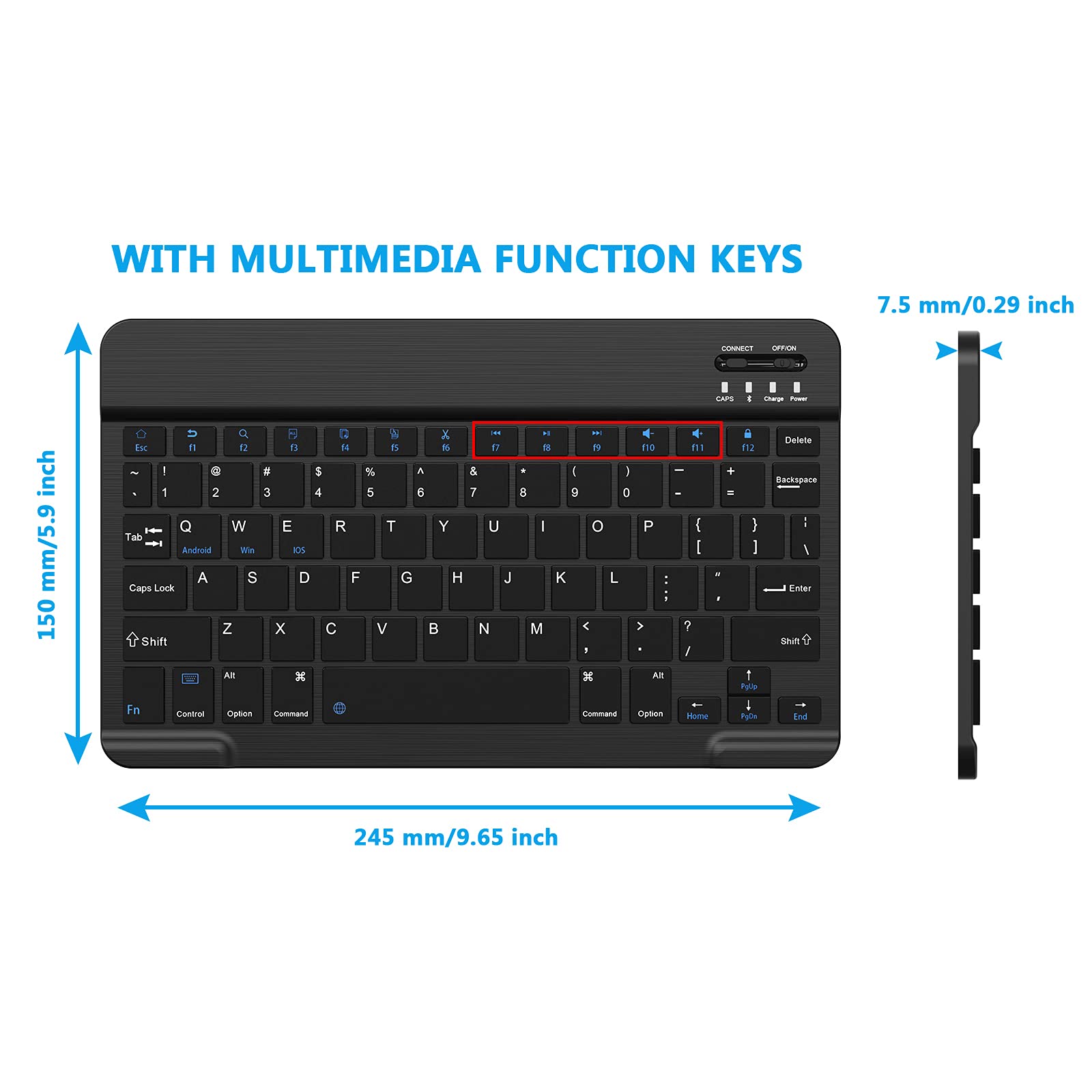 Ultra-Slim Bluetooth Keyboard for Android, iPhone, iPad, Tablet, Windows - Rechargeable Wireless Keyboard with Portable Design - Perfect for Travel, Office, and Home Use (Black)