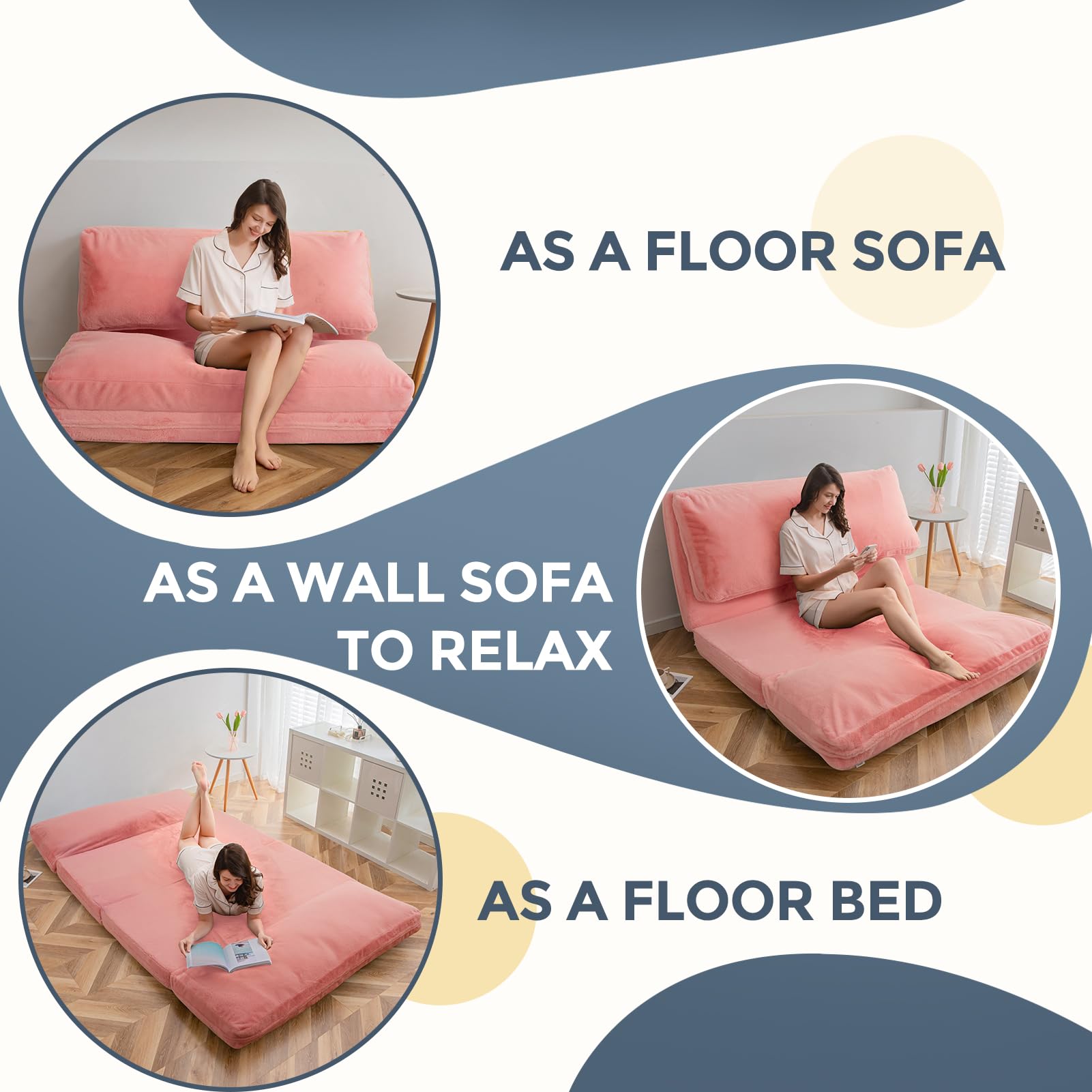 MAXYOYO Extra Thick Bean Bag Bed - 54x95 Inch Folding Sofa Bed with Washable Faux Fur Cover | Comfortable Floor Mattress for Adults | Perfect for Bedroom, Living Room & Guest Room (Pink)