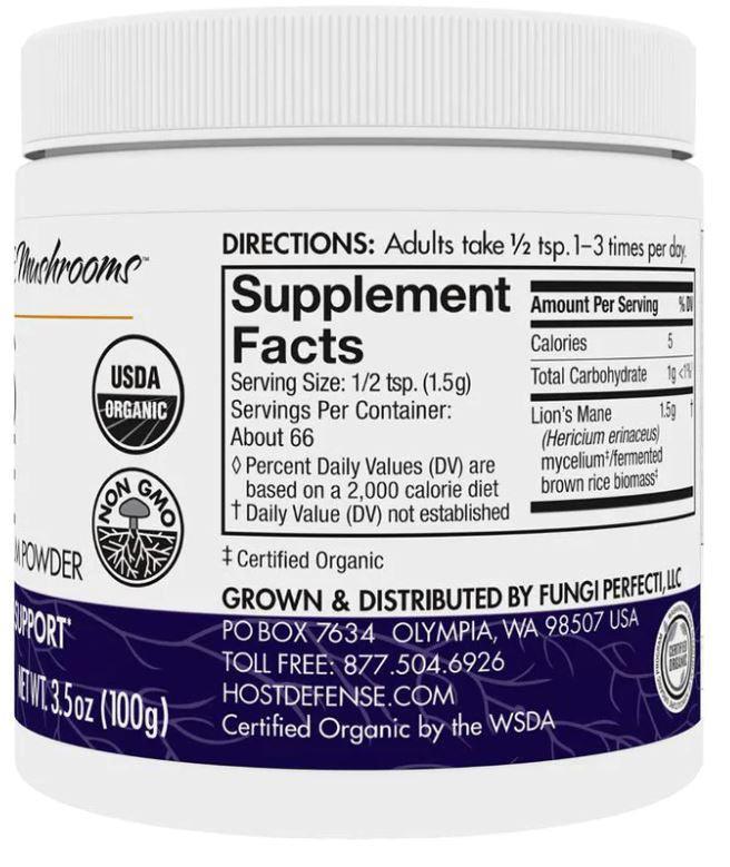 Host Defense Lions Mane Mushroom Mycelium Powder 100g - Organic Brain Booster Supplement for Memory & Focus - Perfect for Coffee, Smoothies & Daily Wellness Routine