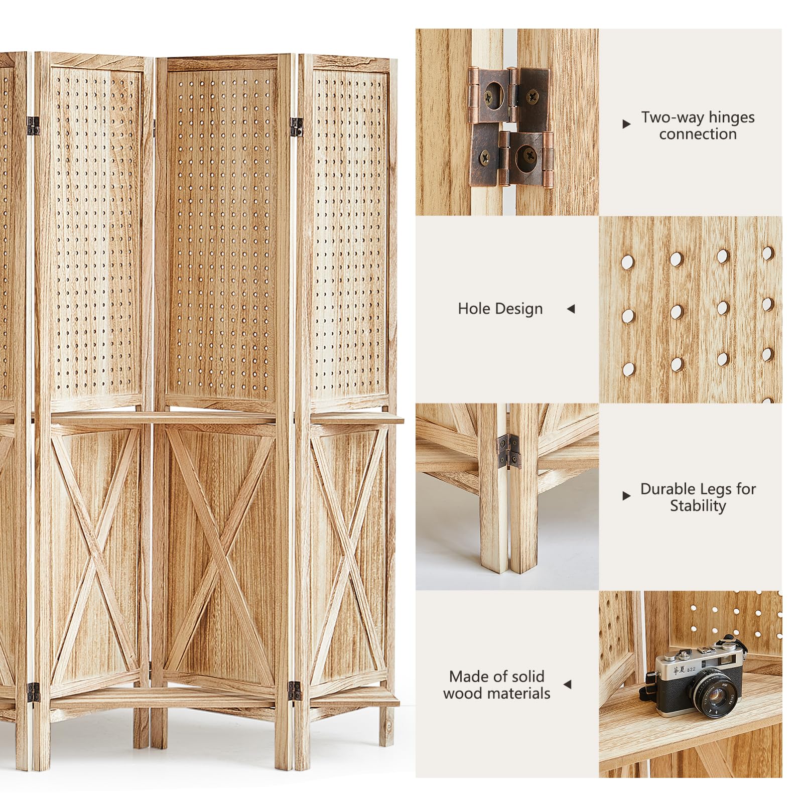 6 Panel Wooden Room Divider with Shelves - Foldable Privacy Screen & Pegboard Display for Home & Office - Natural Wood Wall Partition for Bedroom, Living Room, Retail Store (Easy to Move & Assemble) - Perfect for Space Separation, Organization & Stylish Room Decor