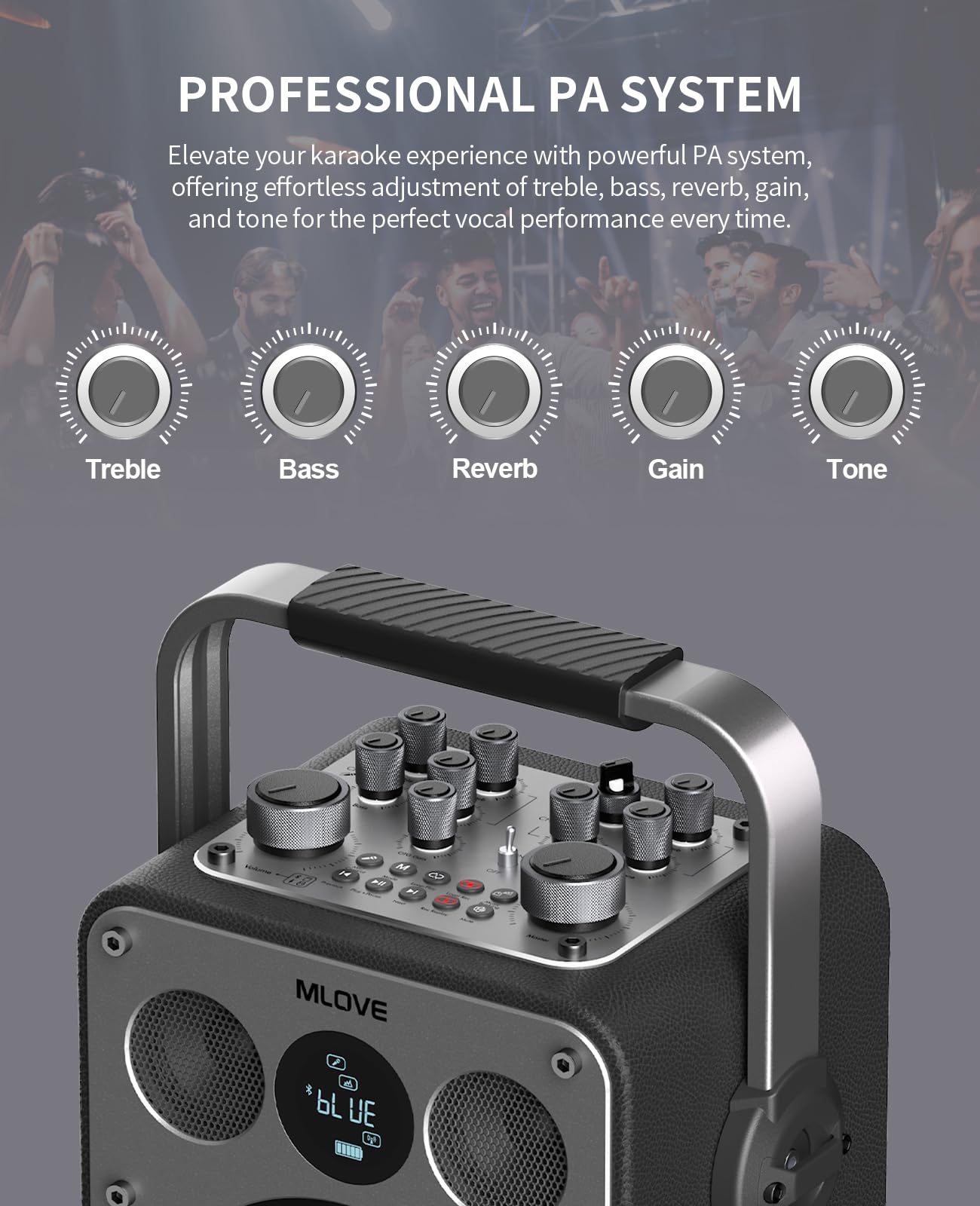 MLOVE D5 200W Portable Bluetooth Karaoke Machine with 2 Wireless Microphones - Studio-Quality Sound, Reverb Effects, Guitar Input & Dual PA System - Perfect for Home Theater, Parties, Outdoor Events & Professional Recording (Black)
