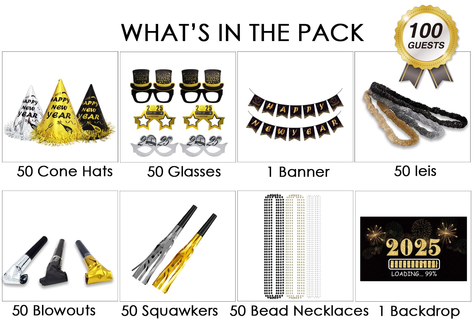 2025 New Year's Eve Party Supplies Kit for 100 Guests - 50 Hats, 50 Glasses, 50 LED Necklaces, 50 Noise Makers, 50 Blowouts & Happy New Year Banner - Perfect for Countdown Celebrations, Ball Drop Parties & NYE Gatherings