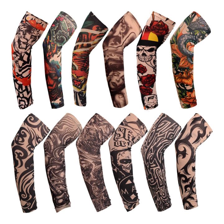 TSHAOUN 12 PCS Tattoo Sleeves for Men & Women - Realistic Fake Arm Tattoo Covers for Parties, Halloween & Cosplay - Temporary Tattoo Sleeve Cuffs for Costumes & Theme Events