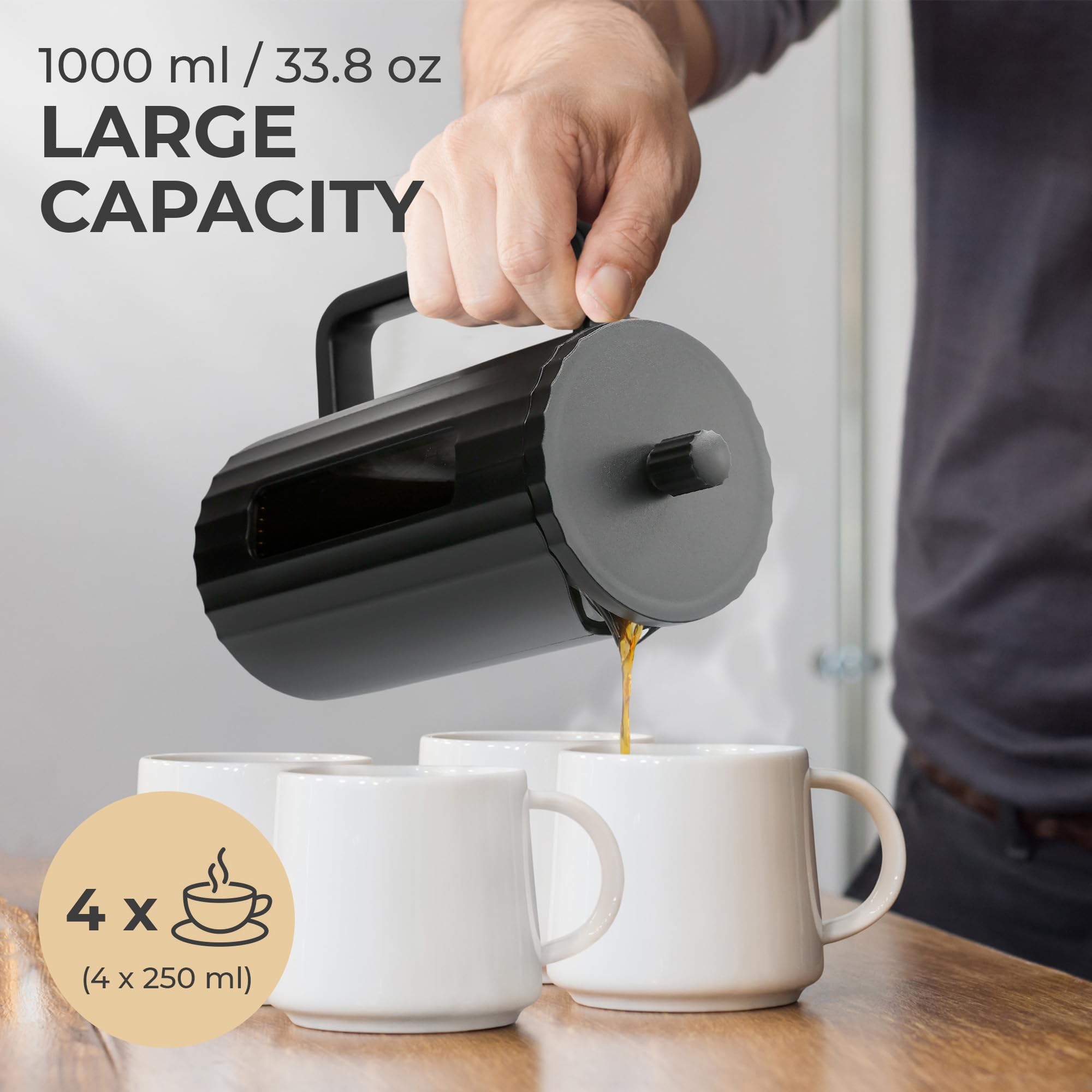 Kaffè French Press Coffee Maker (34oz / 1L) - Borosilicate Glass & BPA-Free Plastic - Matte Black - Lightweight Portable for Travel, Camping, Office & Home Brewing - Perfect for Coffee Lovers & Outdoor Enthusiasts
