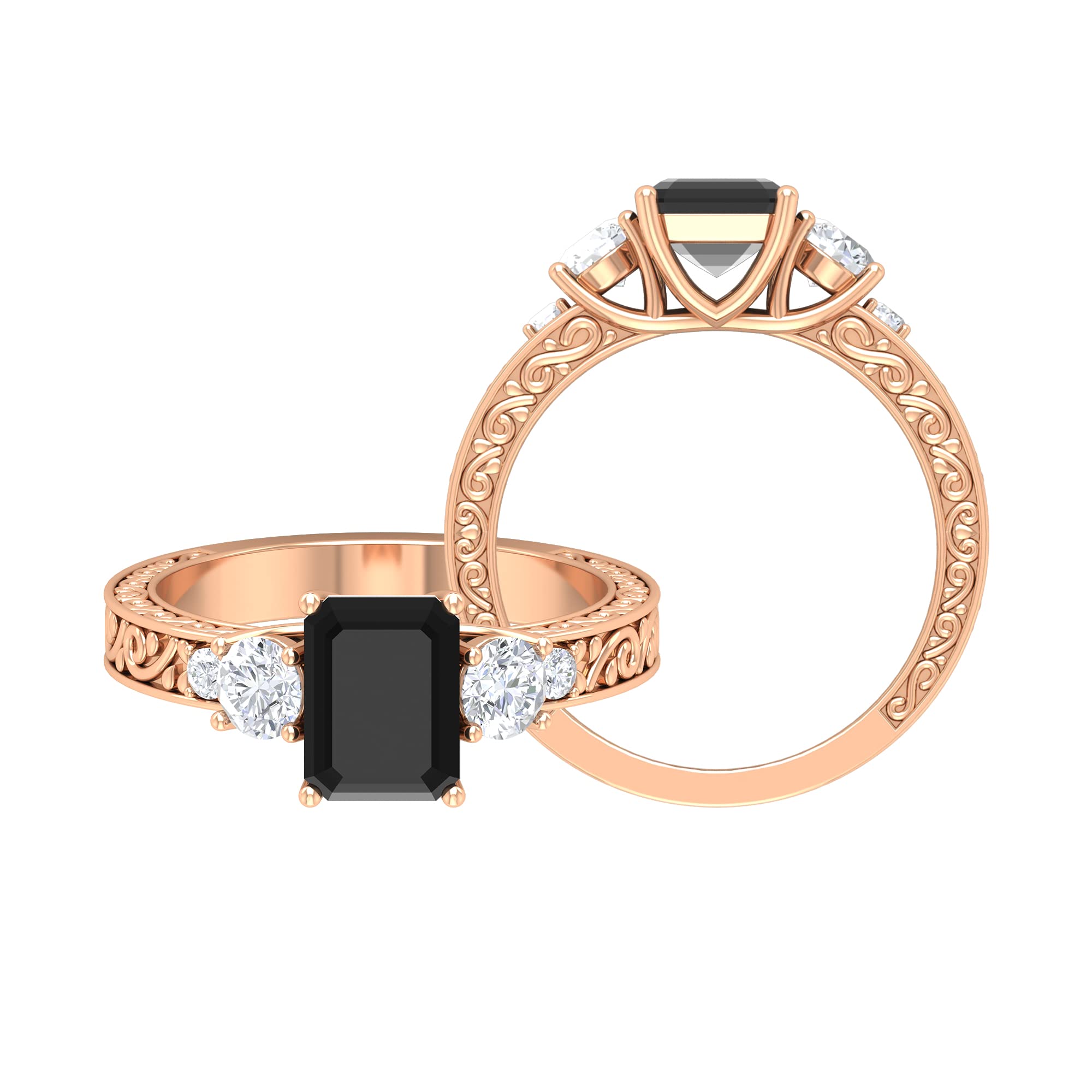 14K Gold Black Spinel & Moissanite Octagon Cut Engagement Ring – Elegant Filigree Design for Women, Perfect for Weddings, Anniversaries & Special Occasions