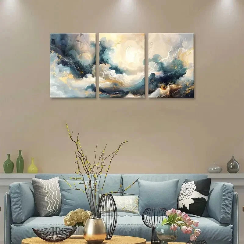 3-Piece Abstract Blue & Gold Marble Metal Wall Art - Ready to Hang Modern Home Decor for Living Room, Bedroom & Office