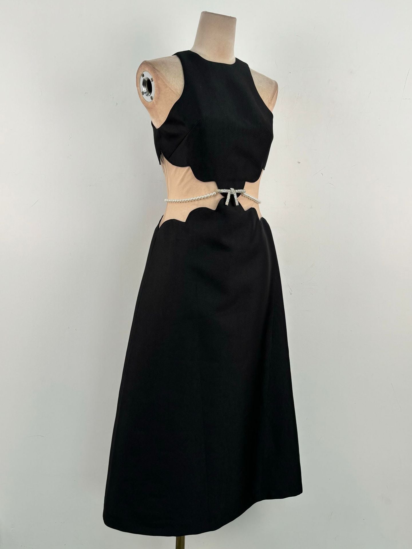 Elegant Black Pearl Embellished Midi Dress for Women - Perfect for Evening Parties, Weddings & Special Occasions