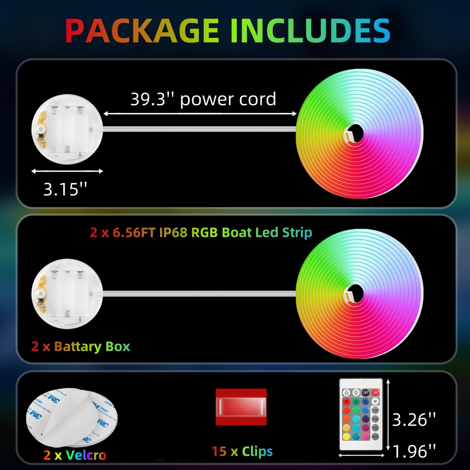 Waterproof RGB Color Changing LED Kayak Lights - IP68 Marine Boat Strip Lights with Remote for SUP, Canoes, Paddleboards (2 Pack) - Perfect for Night Fishing, Boating & Water Sports