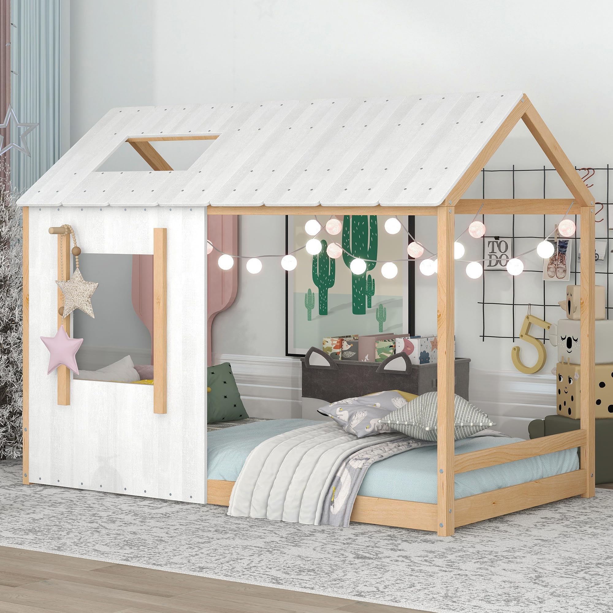 Montessori Twin Size Floor Bed Frame for Kids - Wooden House Bed with Headboard & Roof, No Slats Required - Natural Antique White - Perfect for Toddler Rooms, Daycare Centers & Montessori Classrooms