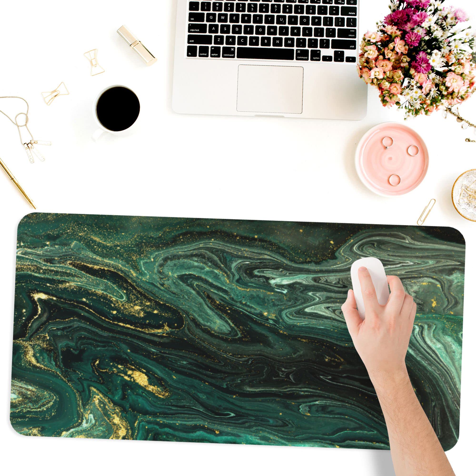 Premium Green Gold Liquid Marble Extended Gaming Mouse Pad - Non-Slip Rubber Base with Stitched Edges (31.5x15.7 Inch) for Office Work, PC Gaming & Computer Use - Perfect for Workstations, Gaming Setups & Home Offices