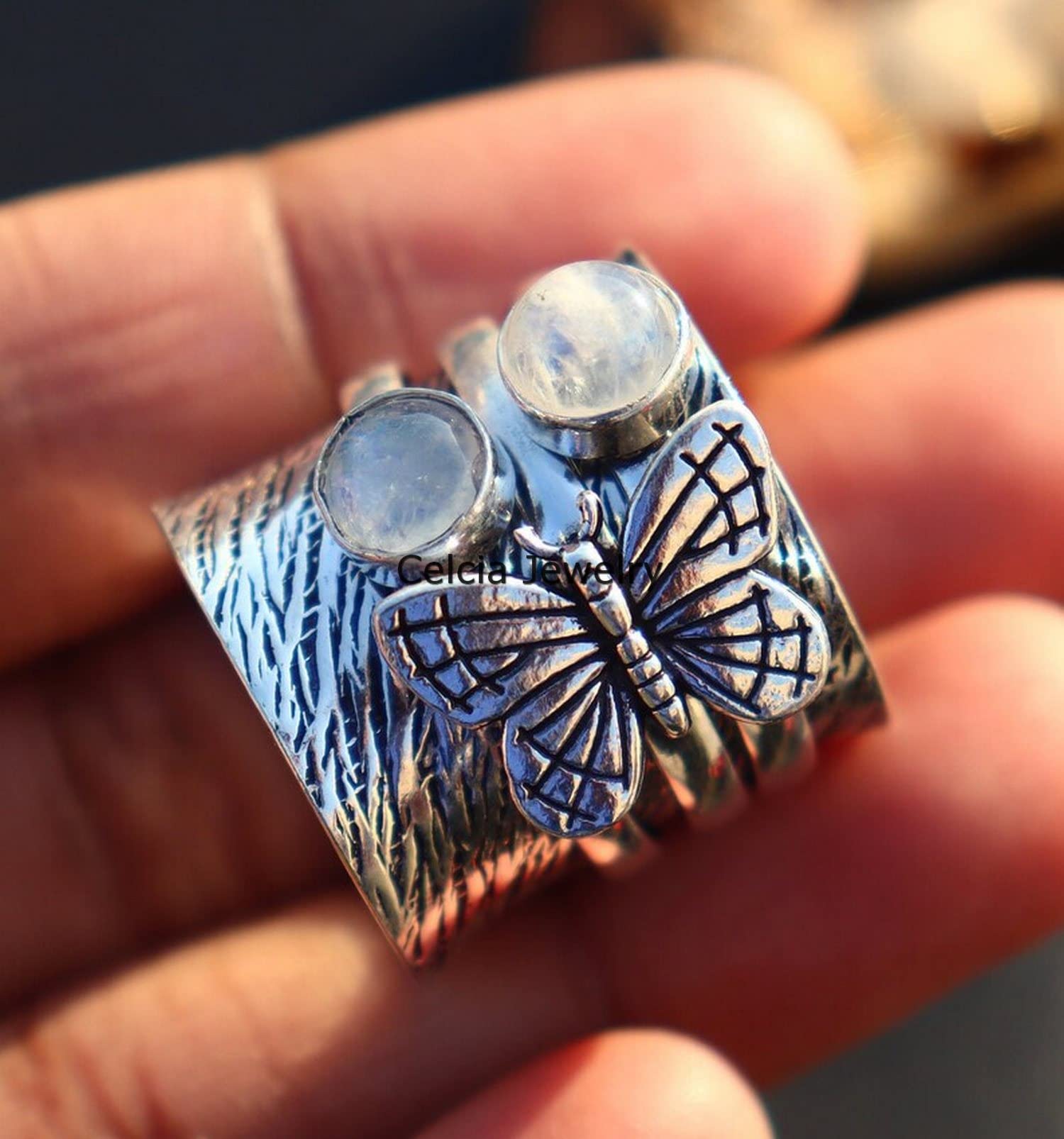Moonstone Butterfly Spinner Ring - Handmade Double Gemstone Designer Jewelry for Women | June Birthstone Ring | Meditation & Stress Relief | US Size 7 | Perfect for Yoga, Gift Giving & Spiritual Healing