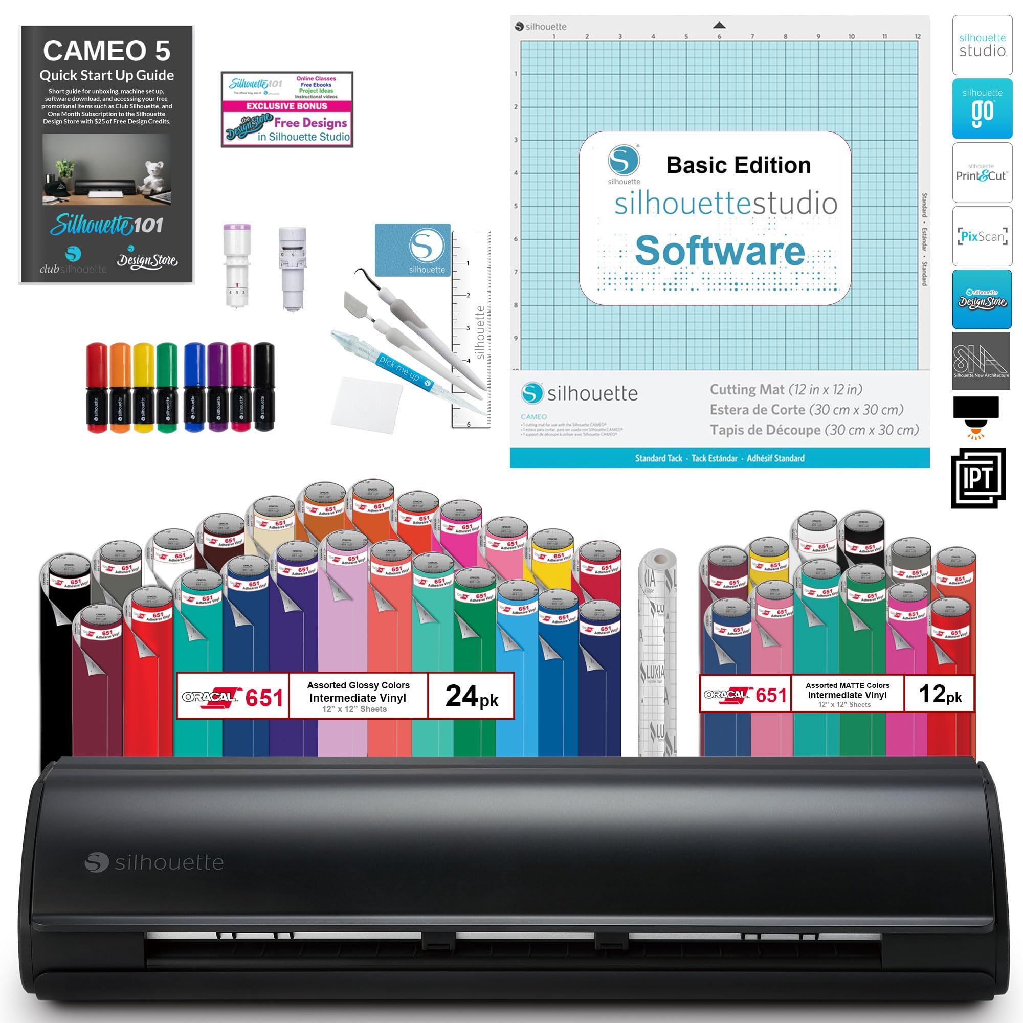 Silhouette Cameo 5 Vinyl Cutting Machine Bundle - 36 Premium Vinyl Sheets, Tool Kit, Blade, Pens & Startup Guide with Bonus Designs (Matte Black) for DIY Crafts, Home Decor & Sign Making