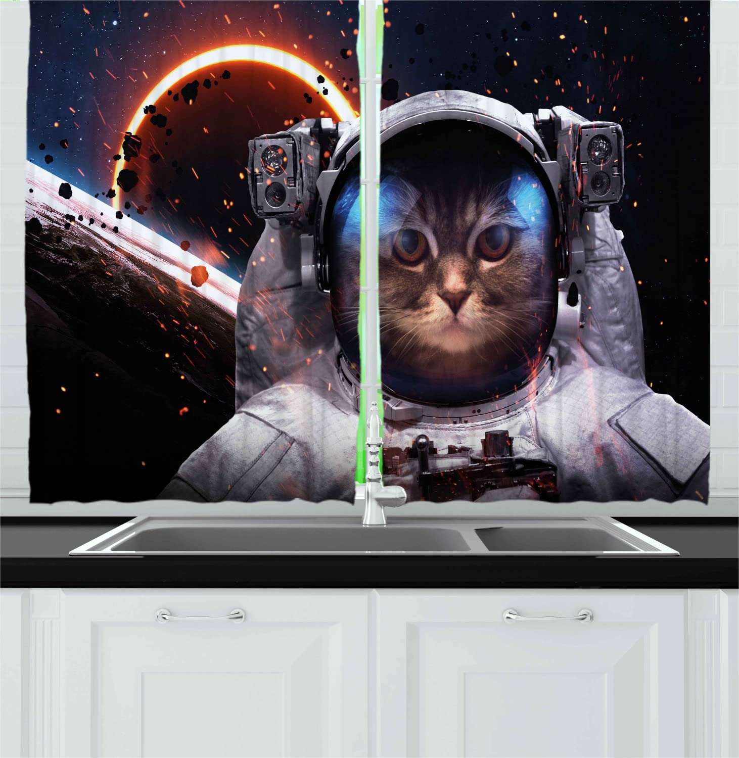 Ambesonne Space Cat Kitchen Curtains - Astronaut & Galaxy Print, Dark Blue Black White, 55x45 Inch, Rod Pocket Drapes for Living Room, Bedroom Decor | Sci-Fi Themed Home Accessories
