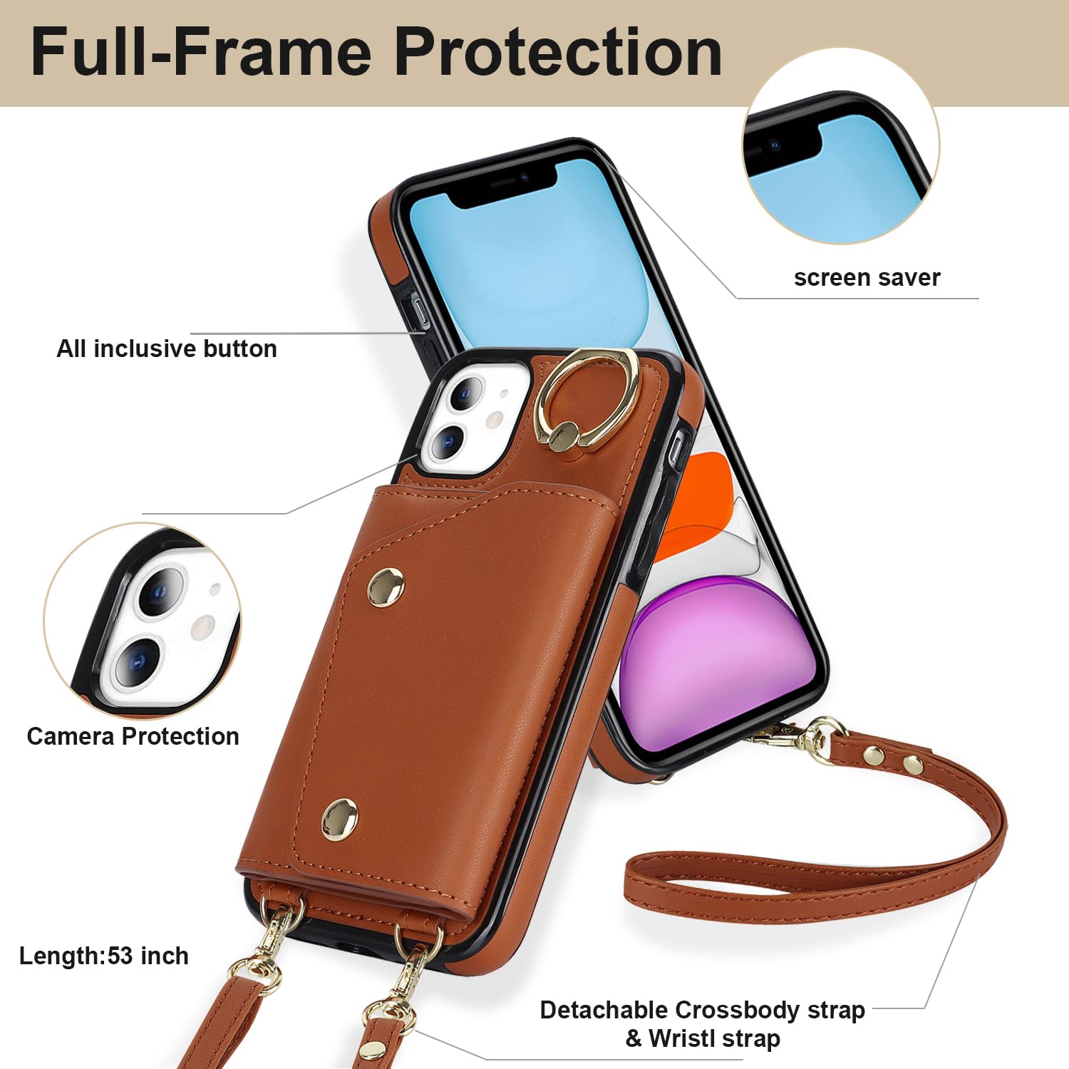 ELTEKER iPhone 11 Wallet Case with Card Holder, Crossbody Neck Strap & Ring Stand - Flip Cover Phone Case for Women (Brown) | Perfect for Travel, Shopping & Hands-Free Convenience