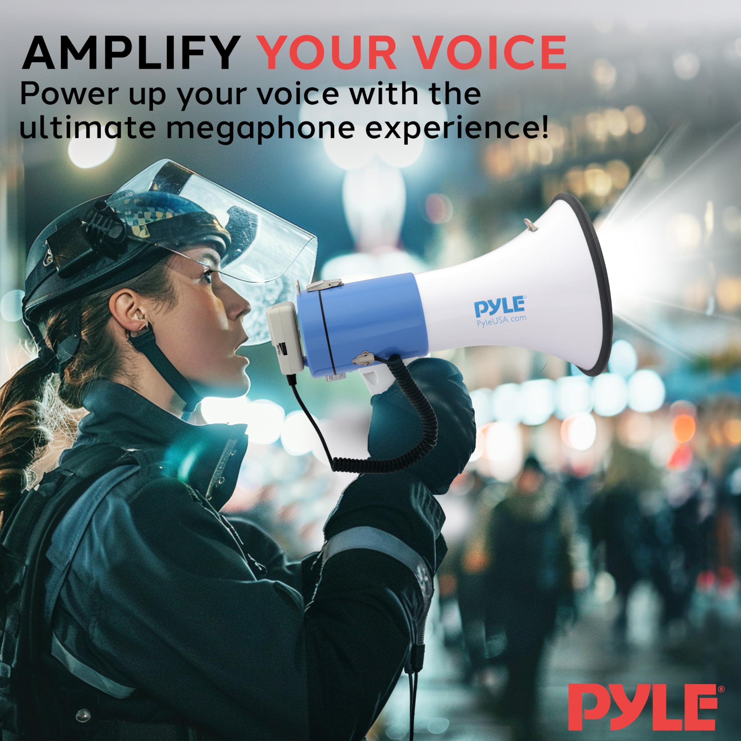 Pyle Compact Portable PA Megaphone Speaker - 50W Handheld Bullhorn with LED Flashlight, Alarm Siren & Detachable Mic | Battery Powered for Indoor Outdoor Use | Perfect for Sports Events, Crowd Control & Emergency Situations