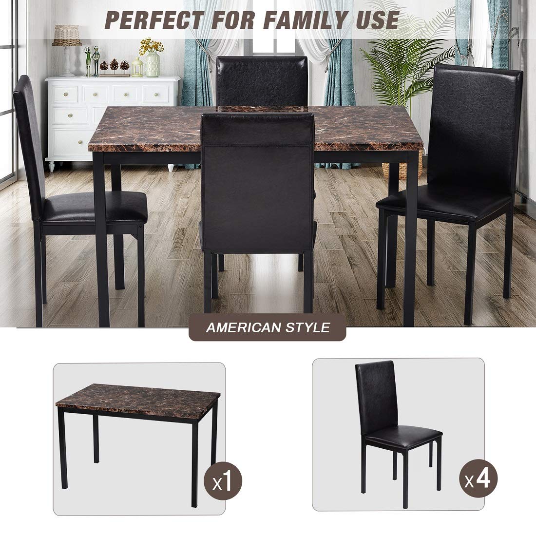 5-Piece Modern Dining Table Set with Rectangle Faux Marble Top & 4 High-Back Leather Chairs - Black Kitchen Table for Dining Room, Perfect for Family Gatherings and Dinner Parties
