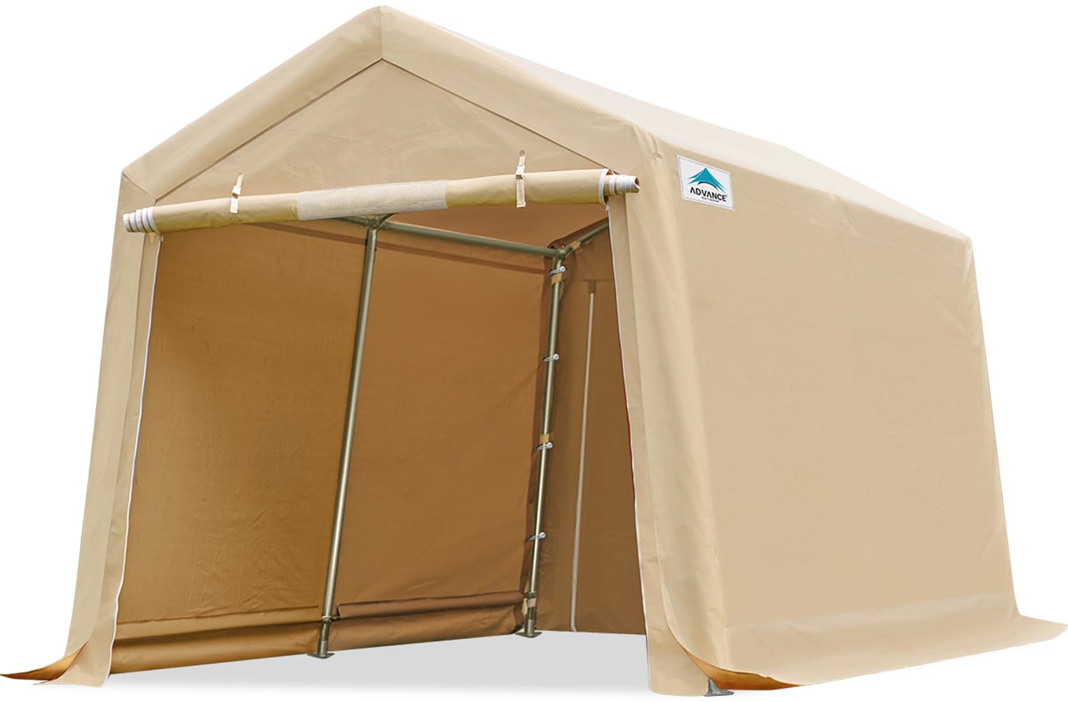 ADVANCE OUTDOOR 8x14 ft Steel Metal Peak Roof Portable Garage Shelter - Heavy Duty Storage Shed & Carport for Motorcycle, Bike, Garden Tools - Includes 2 Roll-up Doors & Ventilation - Perfect for Backyard, Driveway & RV Parking - Beige