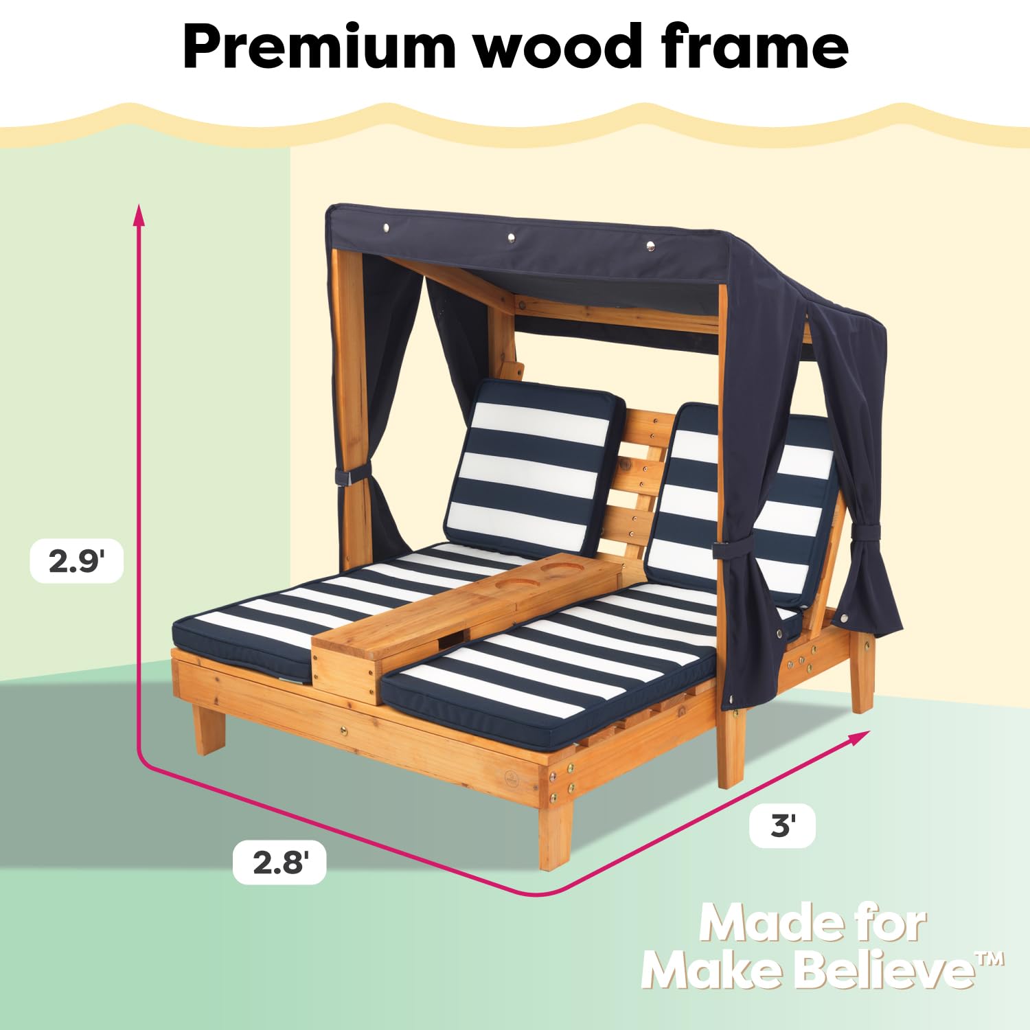KidKraft Wooden Outdoor Double Chaise Lounge for Kids with Cup Holders - Patio Furniture Set with Navy & White Striped Fabric - Perfect Gift for Ages 3-8 - Ideal for Backyard, Poolside & Outdoor Play Areas