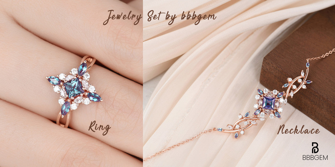 Exquisite Synthetic Alexandrite & Moissanite Princess Cluster Necklace | Elegant Women's Jewelry for Parties, Weddings & Special Occasions | Perfect Gift for Anniversary, Birthday & Evening Events