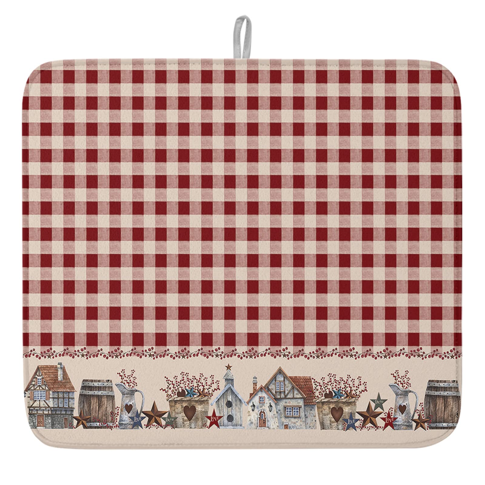 18x24 Inch Dish Drying Mat for Kitchen Counter - Absorbent Farmhouse Style Sink Protector Pad with Rustic Barn Star Design | Perfect for Dishes, Coffee Pots & Countertop Protection (Buffalo Check Pattern)