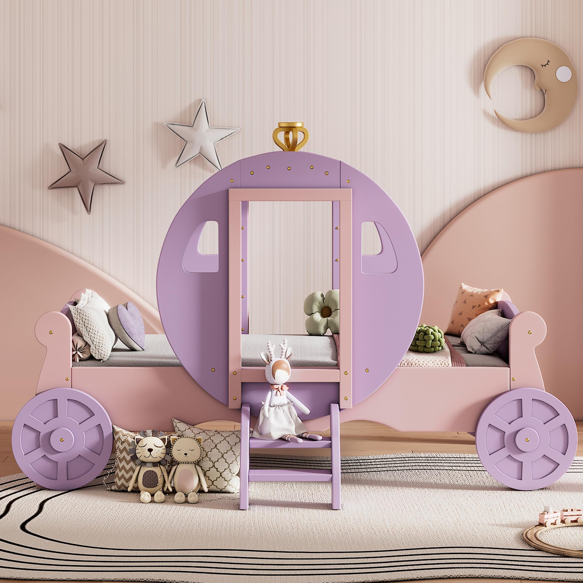 LZ LEISURE ZONE Twin Size Princess Carriage Bed with Crown - Wooden Twin Platform Bed Frame with Stairs in Purple & Pink - Perfect for Girls' Bedroom, Fairytale Theme Decor, and Kids' Fantasy Sleep Space