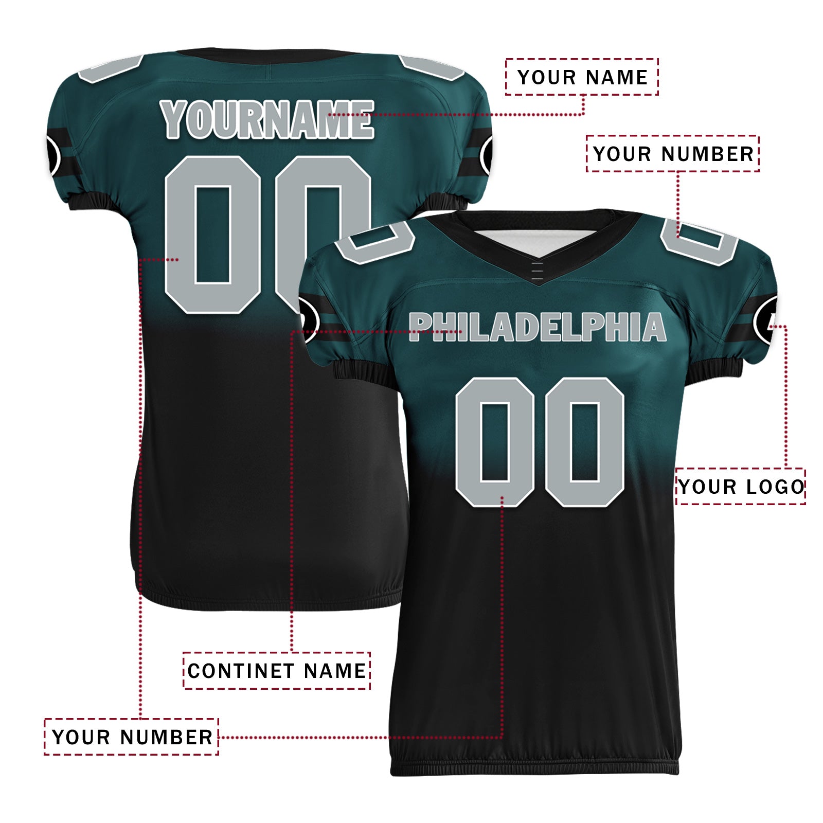 Custom Green Black Fade Philadelphia Eagles High Performance Football Jersey - FBJ06 D020252 - Official NFL Style for Fans & Players - Perfect for Game Day, Tailgating & Sports Events