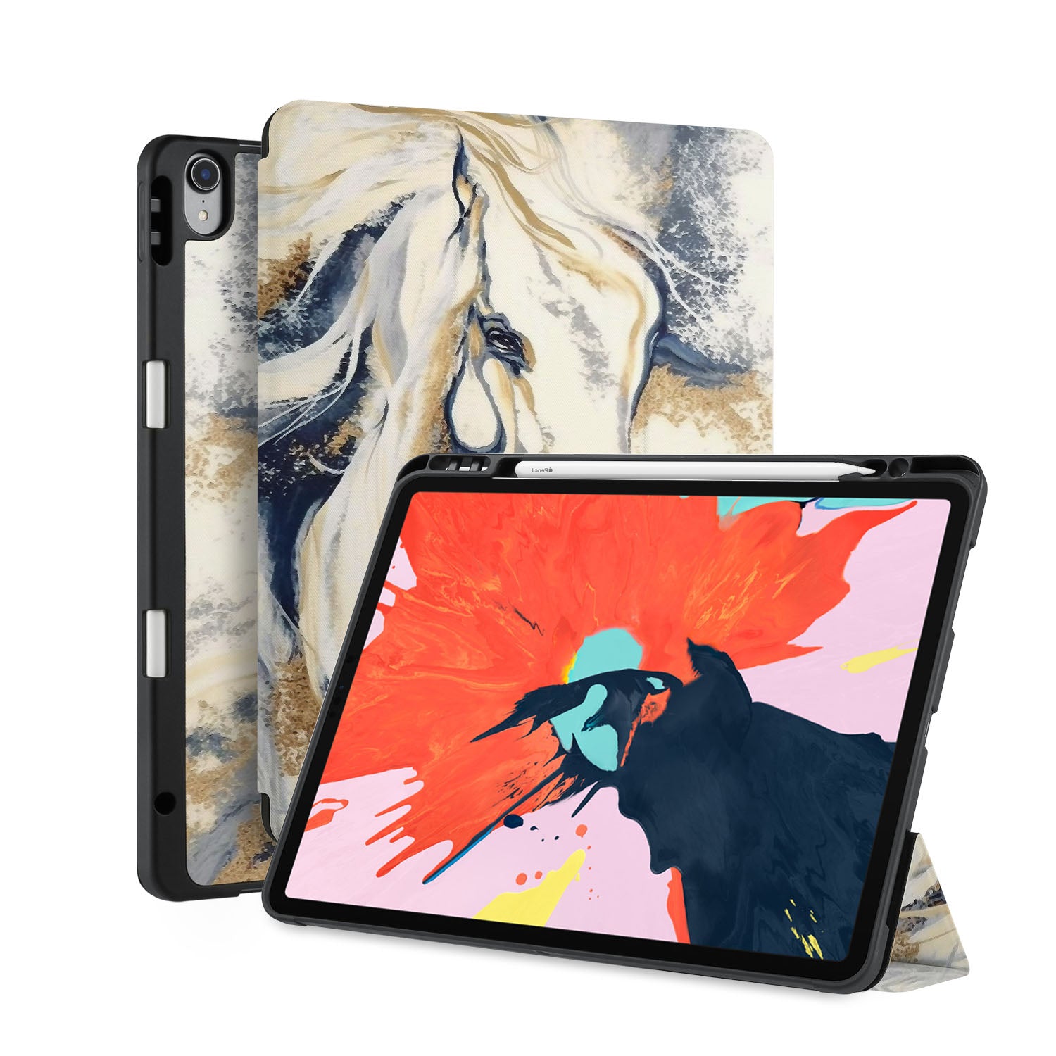Premium iPad Trifold Case with Horses Design - Slim Protective Cover for iPad 6th/7th/8th/9th Gen - Perfect for Work, School & Travel