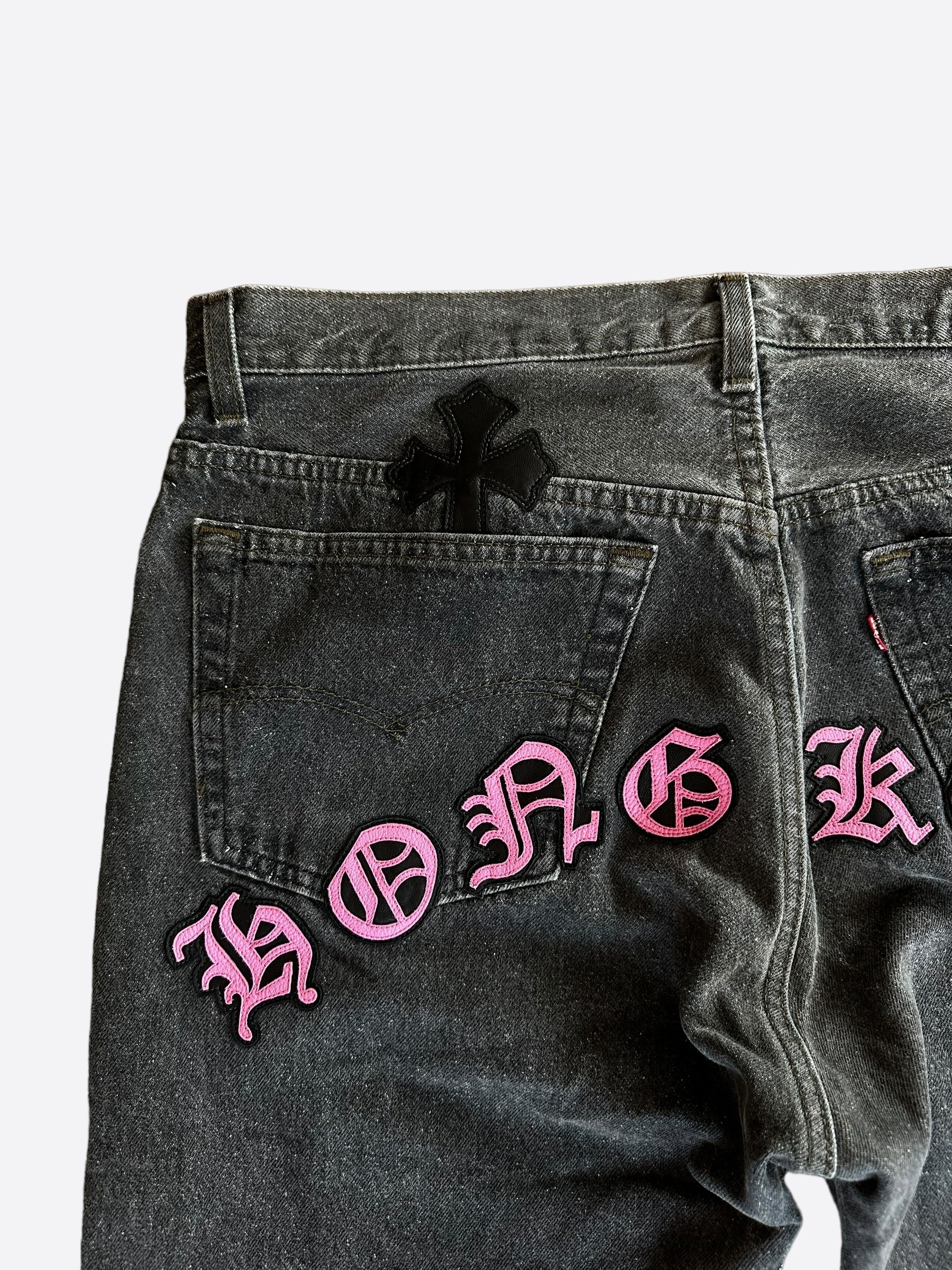 Chrome Hearts x Levi's Grey & Pink Hong Kong Patch Distressed Jeans for Men & Women | Vintage Denim Pants with Unique Embroidery - Perfect for Streetwear & Casual Outfits