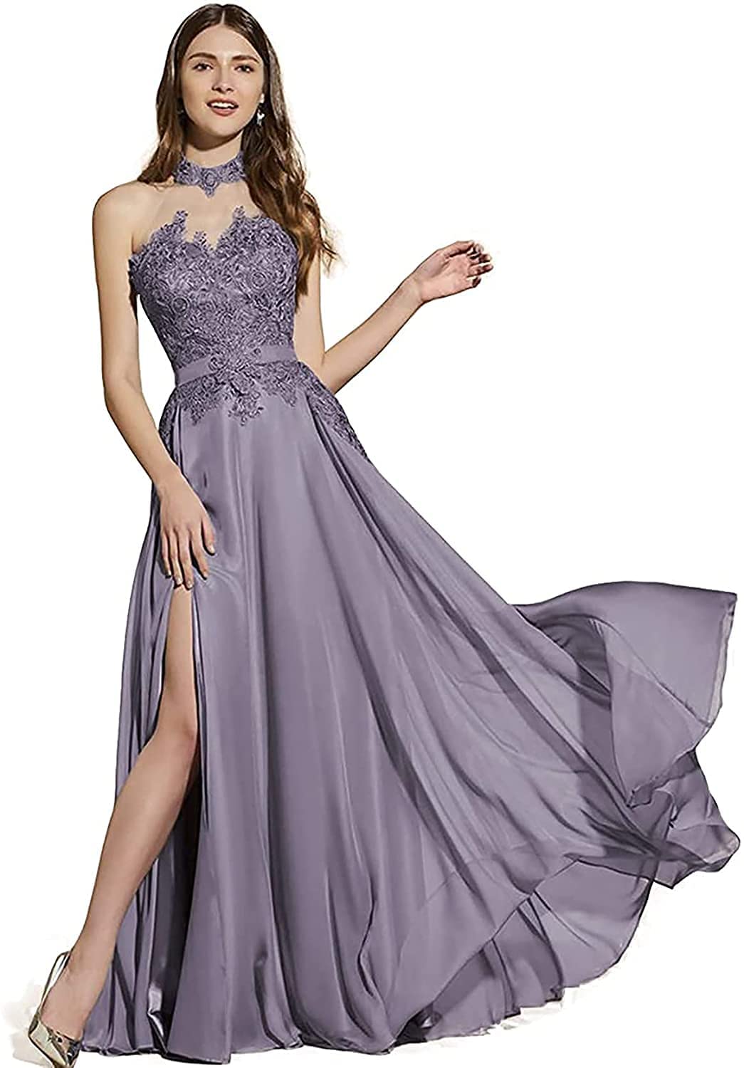 Elegant Women's Halter Lace Applique Long Chiffon Evening Gowns 2022 - Formal Party Dresses with Side Split for Prom, Wedding, and Special Occasions
