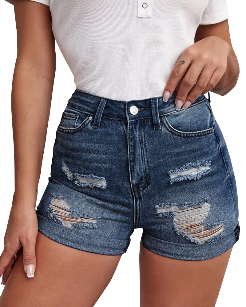 BZB Women's High Waisted Denim Shorts - Distressed Blue Washed Ripped Jeans with Rolled Hem | Perfect for Summer Outfits, Beach Vacations & Casual Street Style