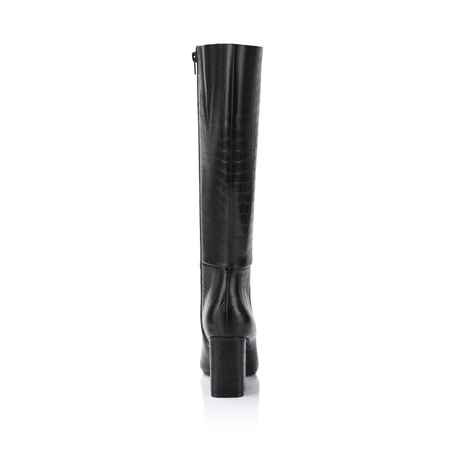 Magda Women's Black Crocodile Leather Tall Boots - Stylish Knee-High Boots for Winter, Fall & Casual Outfits