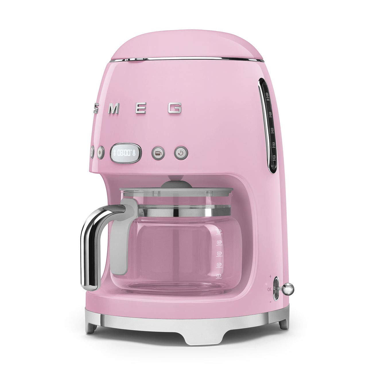 Smeg Retro 50's Style Drip Coffee Maker - 10 Cup Glass Carafe, Auto Start, Keep Warm Plate & Adjustable Brew Strength (Pink) | Perfect for Home Kitchen, Office Breakroom & Vintage Coffee Lovers