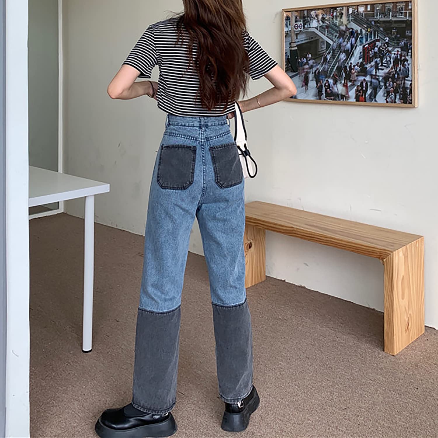 Women's High Waisted Color Block Jeans - Stretch Straight Leg Denim Pants with Patchwork Design | Trendy Casual & Office Wear for Women and Girls