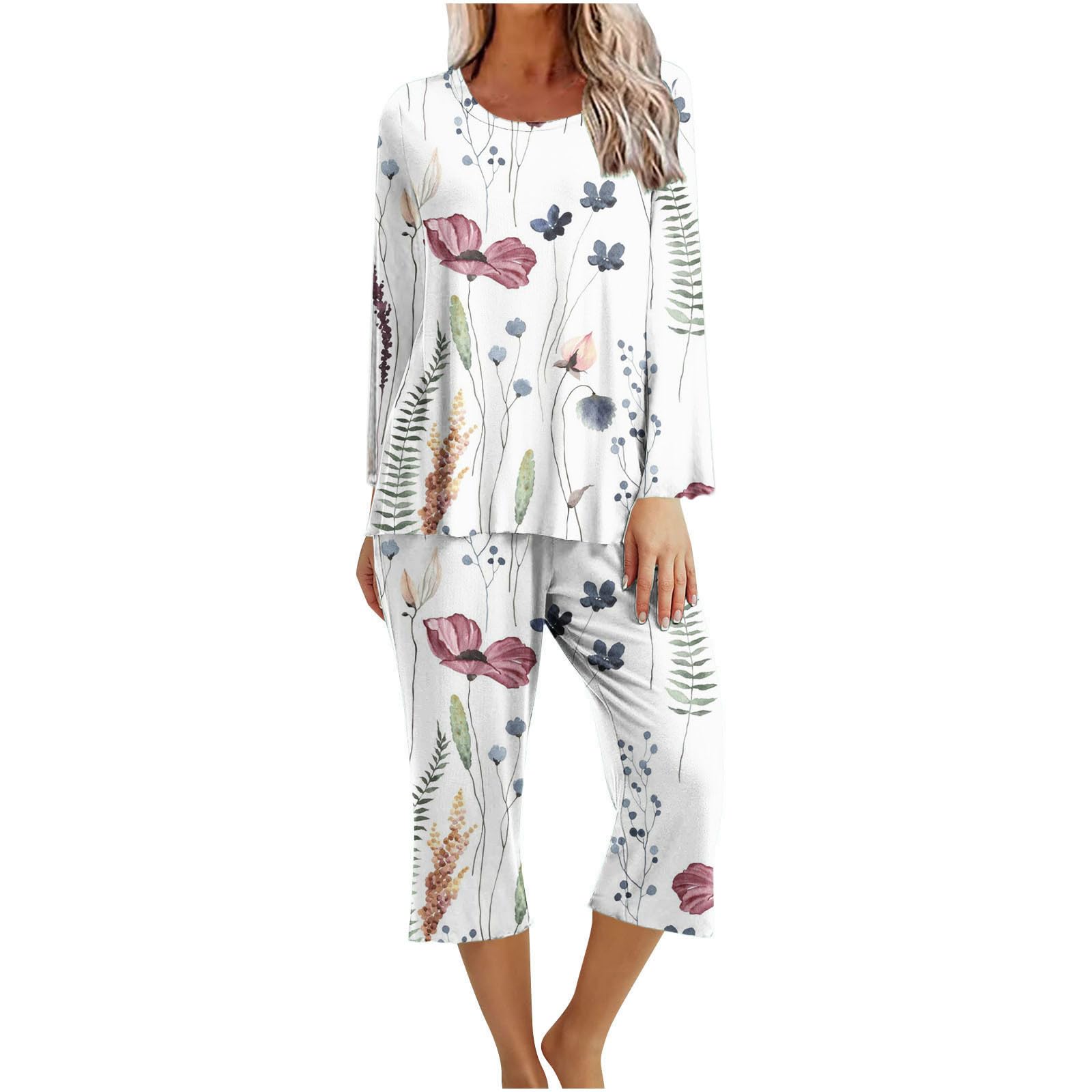 2024 Women's Summer Two Piece Sets - Long Sleeve T-Shirt & Capri Pants Printed Lounge Wear Outfits | Casual Comfort, Streetwear & Vacation Style