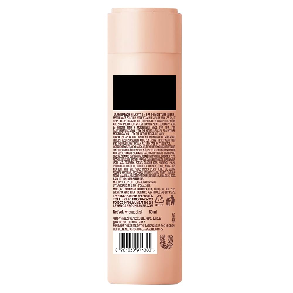 LAKMÉ Peach Milk Moisturizer SPF 24 PA++ Sunscreen Lotion - 60ml | Hydrating Face Cream with Sun Protection for Daily Skincare Routine
