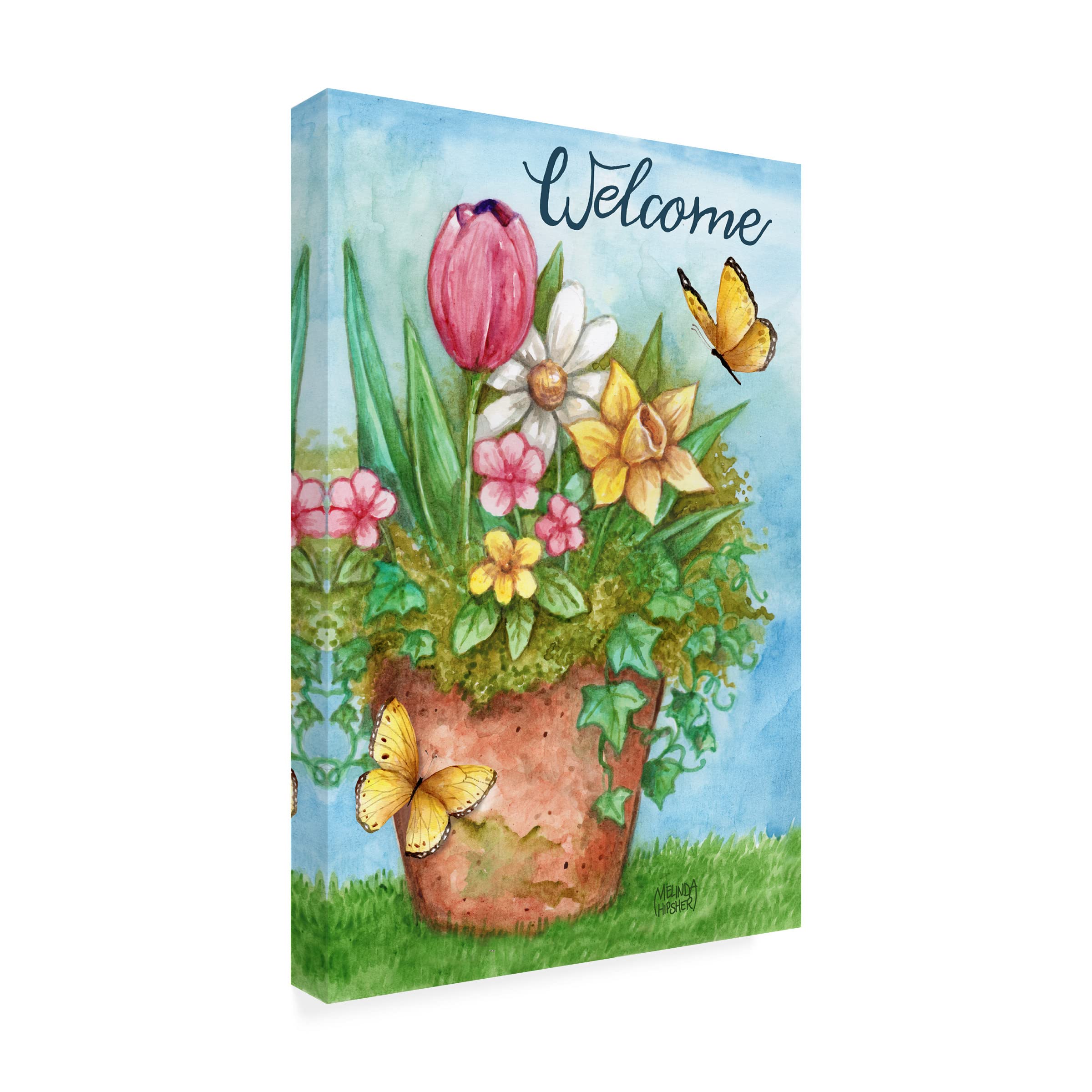 Melinda Hipsher Welcome Spring Bouquet in Pot with Butterflies - Weatherproof Outdoor Wall Art Decor for Garden, Patio, and Porch